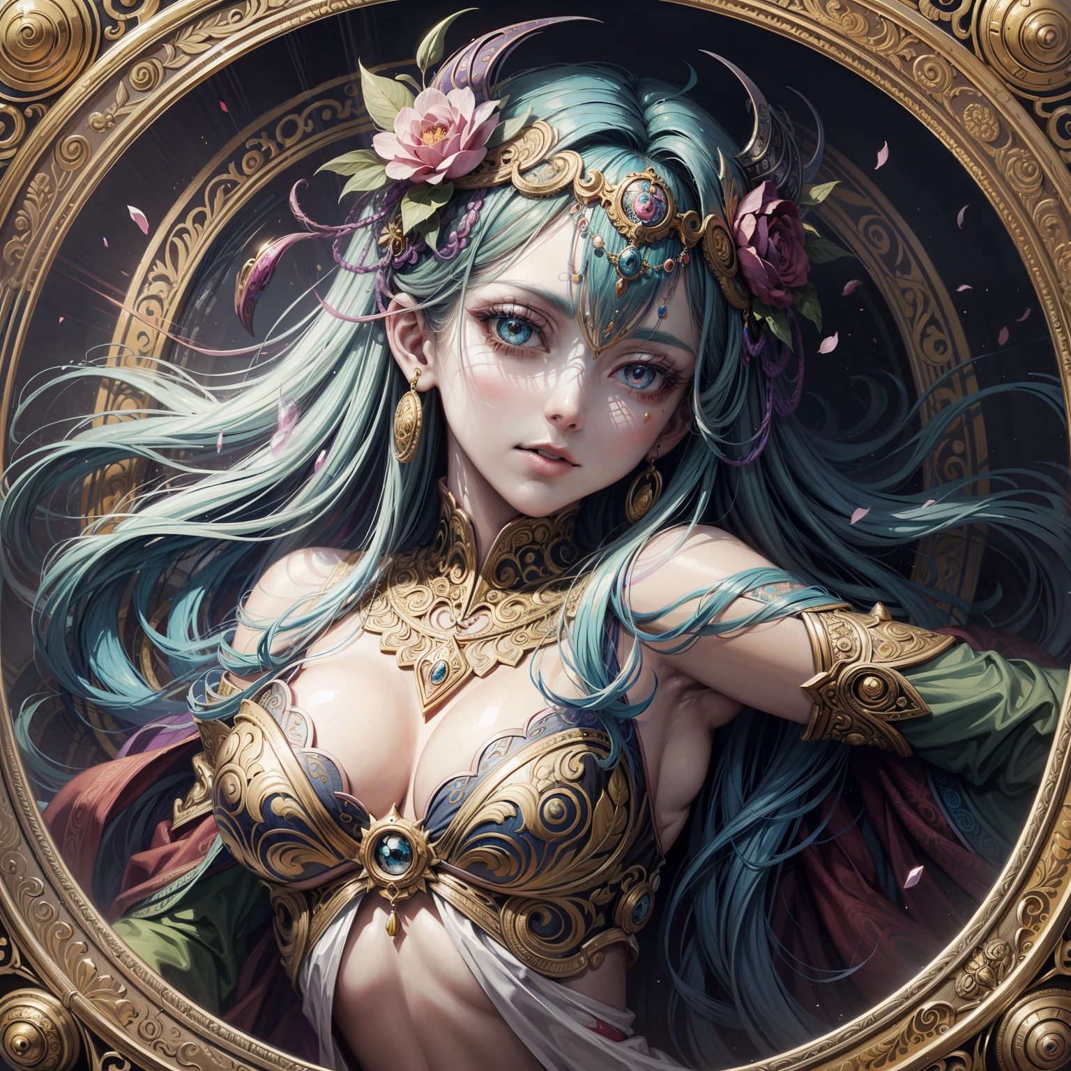 Colorful goddess painting in a circular frame、highly detailed and hypnotic、Symmetrical and detailed、Intricate detailed digital art、Very detailed, very detailed and ornate lines、