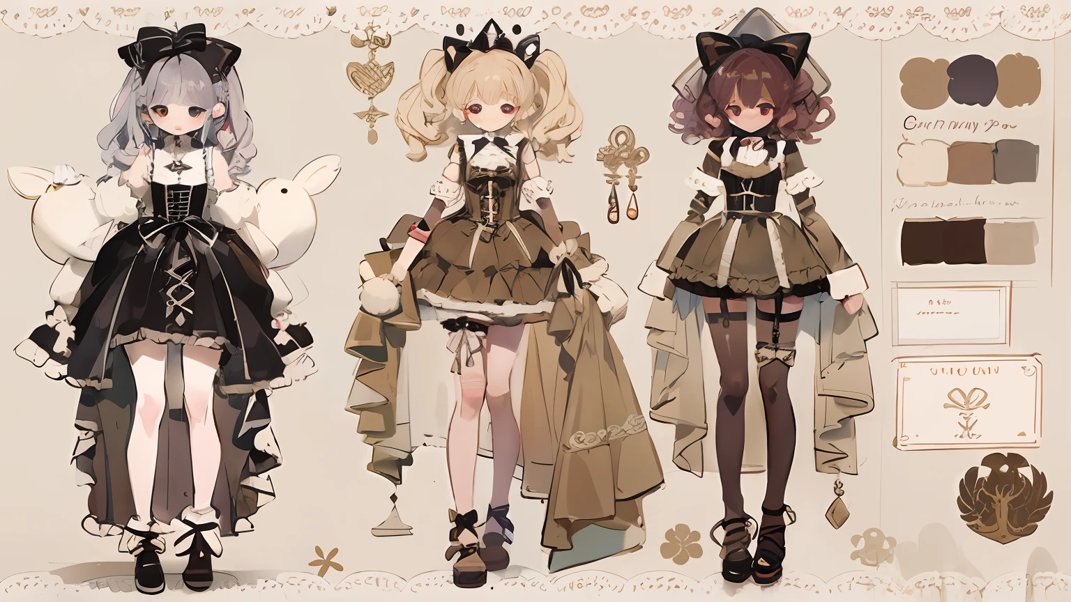 Character design,QWhat cute,The ratio of the head to the body,clothing design,ta prostitute,Gorgeous dress,mitts,curlies,very intricate,Exquisite,shift dresses,Bow knot,frilld,ribbon