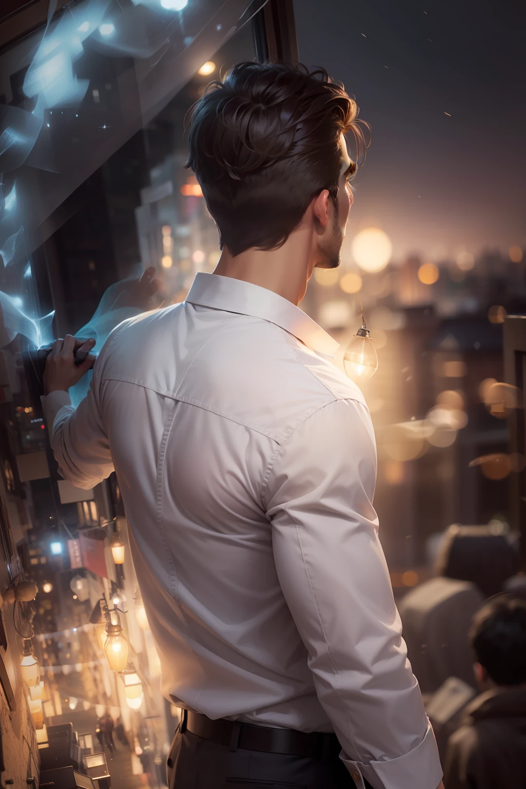Change background realistic look in window night handsome man in town