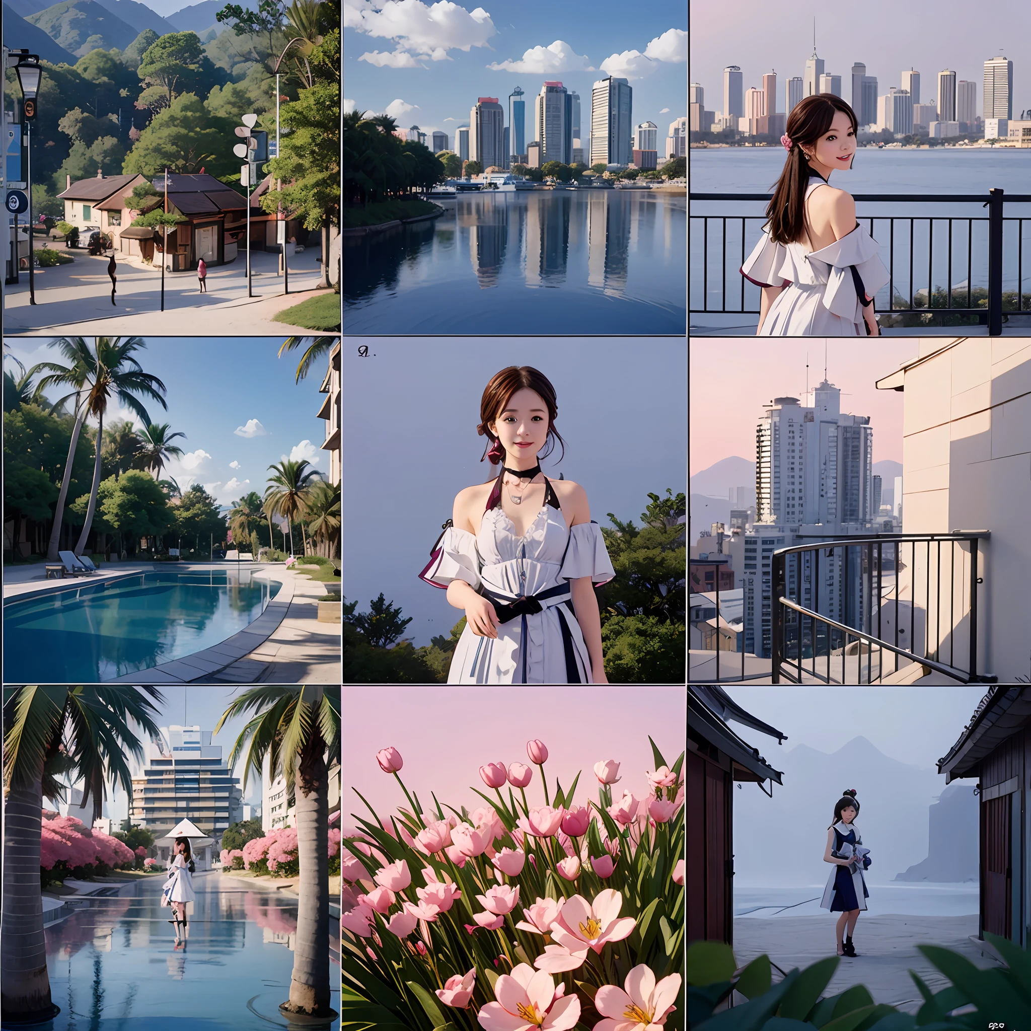 180-storey infinity pool,The tallest building in the city's forest,Sports Center,Bonsai around,Luo Han Song,coconut palms,coconut crab,tulips,Rose flower,Tease the alpacas to play,There were five little girls wearing openwork translucent stockings,Pouting and smiling,is shy,Pout,Pink, gold, White, Blue, Five colors, Two-tailed hair and cyan eyes,Anime little girl in servant costume