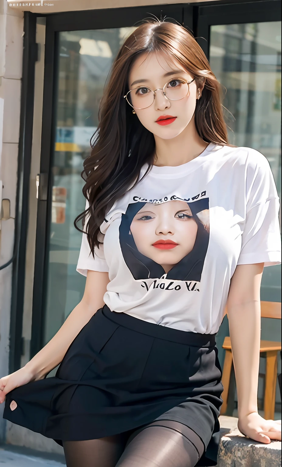 ulzzang-6500-v1.1,(raw photo:1.2), (photorealistic:1.4), beautiful detailed girl, very detailed eyes and face, beautiful detailed eyes, ridiculous, incredibly ridiculous, huge file size, super detailed, high resolution, very detailed, best quality, masterpiece, ((t-shirt)), illustration, very detailed, CG, unified, 8k wallpaper, amazing, fine details, masterpiece, Best quality, very detailed CG unified 8k wallpaper, face light, movie lighting, 1girl, 16 years old, long white hair, side split, (big breasts), (no panties)), (with glasses), (dynamic pose), (sexy pose), ((camel toe))), (half), ((pantyhose)), ((black hip skirt)), (bent knees)))))