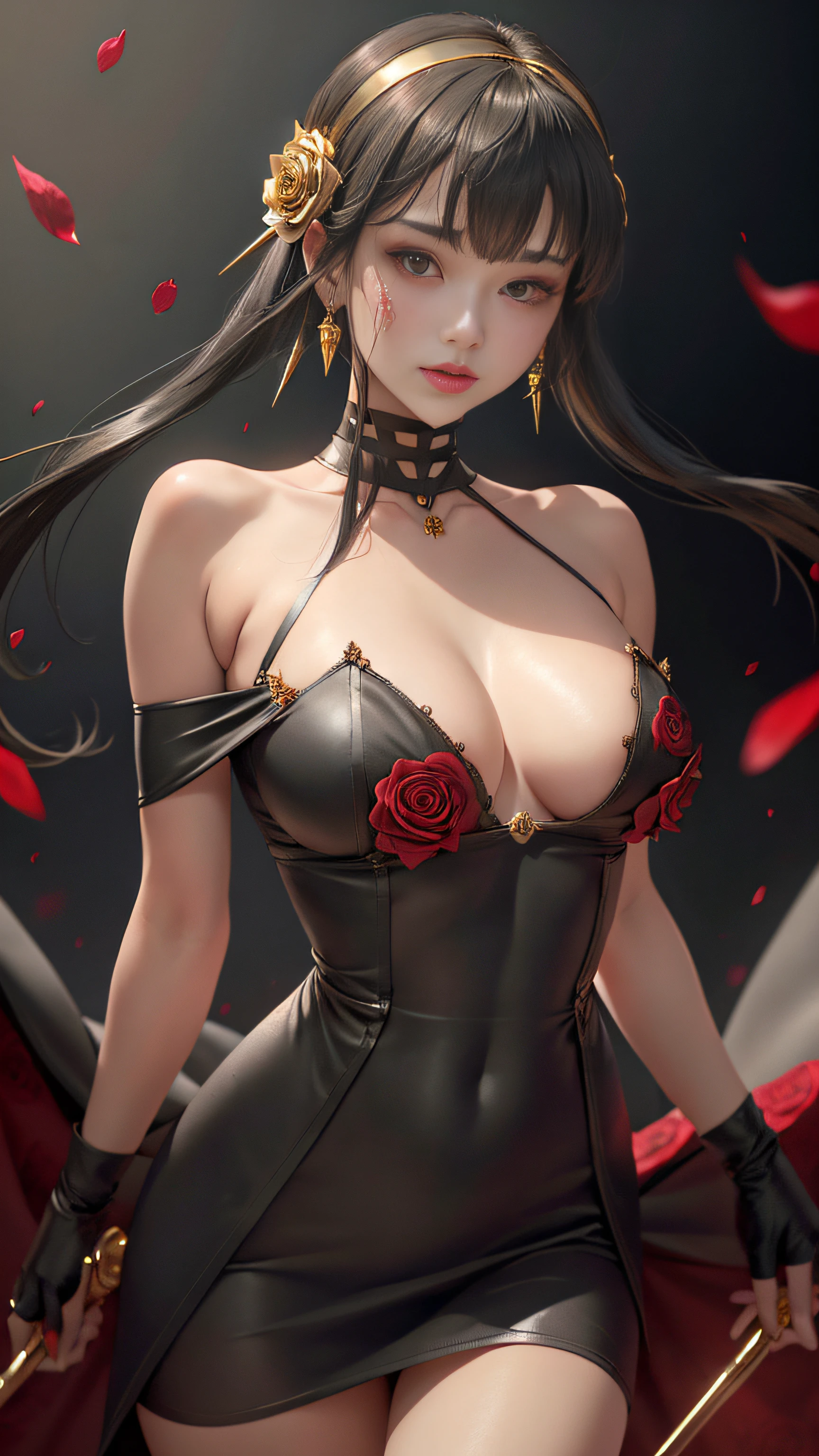 Yorbrier、

Super beautiful big glowing eyes、1girl in, in backlight, bare shoulders​, black backgrounds, Black Dress, Black Gloves, Dark hair, Bloods, Blood on the face, Blood in weapons, breastsout, Mouth closed, cowboy  shot, doress, 耳环, deadpan, Fingerless gloves, floting hair, with floral pattern, with floral pattern, florals, gloves, Gold Earrings, Gold Hair Band, flower in hair, hair adornments, shairband, ngel, holding weapon, jewely, large full breasts, light particules, length hair, looking at the viewers, Off shoulder dress、off shoulders、flower petals、red eyes、roses、Rose petals、Rose print、short hair with long locks、side locks、独奏、spikes、thighs thighs thighs thighs、two-sided dress、two-sided fabric、arma

、((​masterpiece))