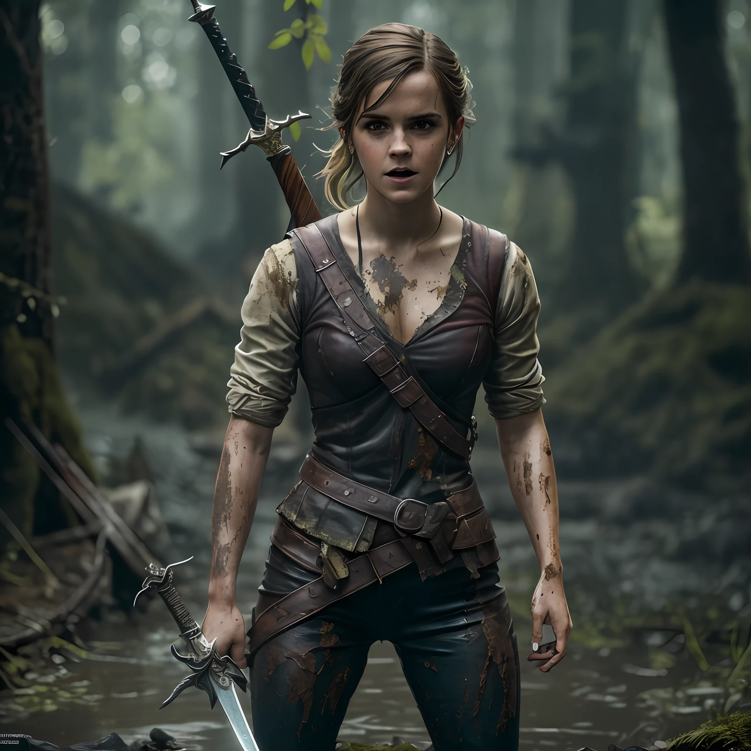 Emma Watson as a Witcher, dirty, strong but slim body, detailed face, muddy forest. Determined, angry, Holding a bastard sword, fight scene,