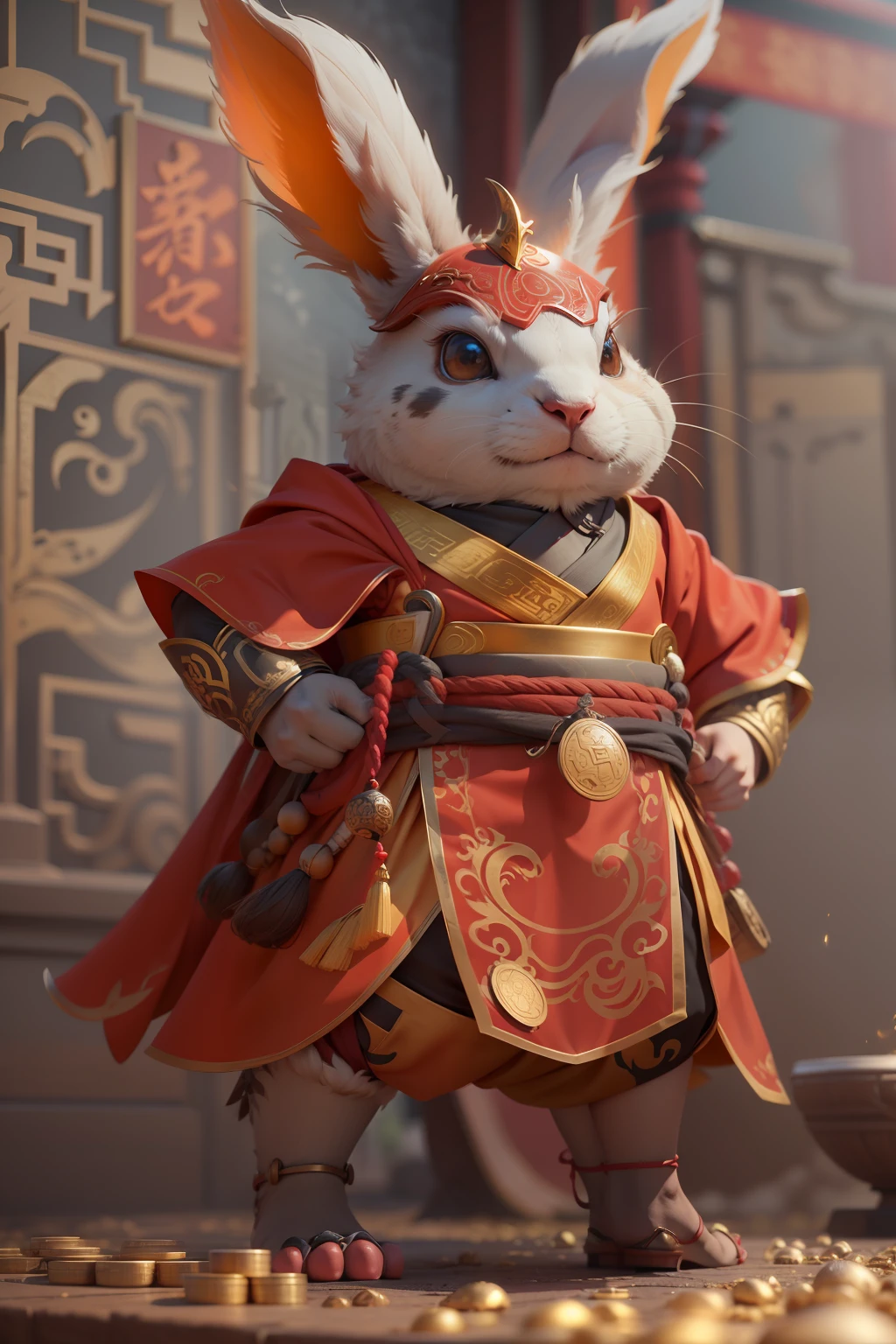 anthropomorphic turtle,Little cute cute little bunny,Wearing elegant red Hanfu,Take gold ingots,The ground is covered with gold coins,silkouette,fluffy mane,largeeyes,Red Wall,Chinese culture,zbrush,Dramatic lighting,full-body portraits,hentail realism,finedetail,photographrealistic,Film illumination,complexdetails,rendering by octane,unreal-engine,8K --ar 9:16 --testp --upbeta