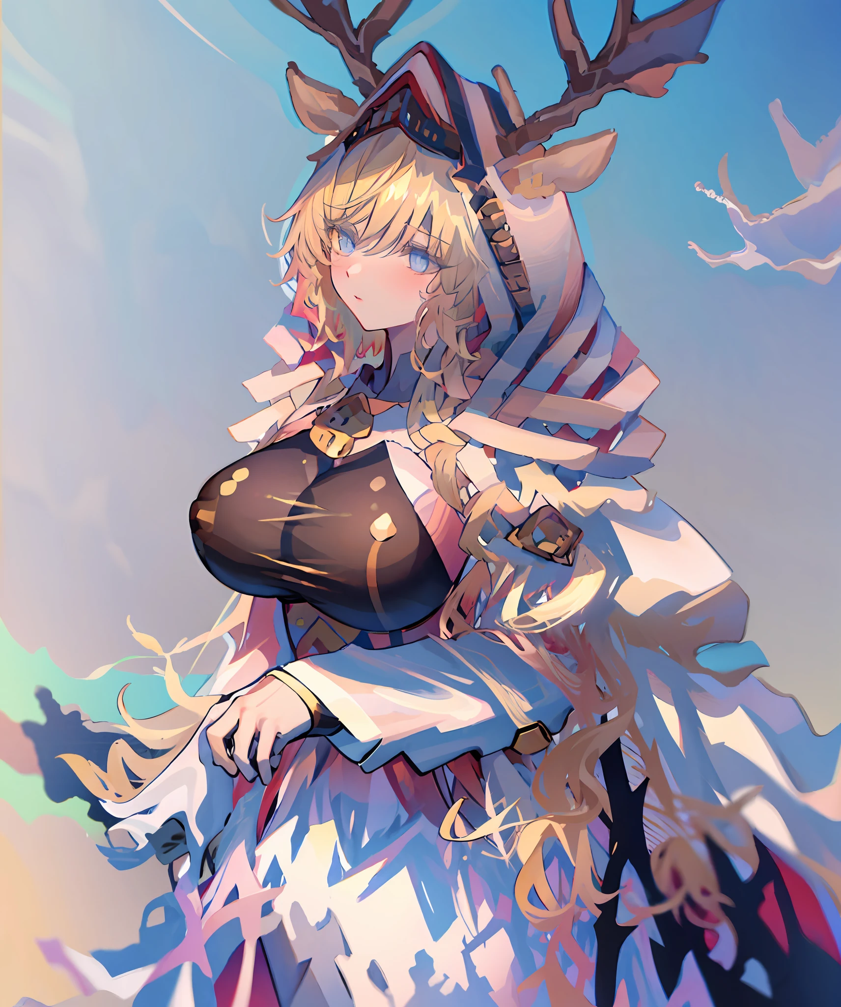 anime big breast，1个Giant Breast Girl，calm expression，mesmerizing eyes，Naturally curly blonde hair，Flowing skirt，A calm posture，Porcelain-like skin，Subtle blush，Crystal Pendant BREAK Prime Time，（edge lit）：1.2，a warm color palette，sunflare，soft shade，vivd colour，painterly effect，Fantastic atmosphere BREAK scenic lake，Far Mountain，willowy，Calm water surface，Reflectors，Sunlit clouds，tranquil ambiance，Idyllic sunsets，ultra - detailed，offcial art，统一 8k 壁纸