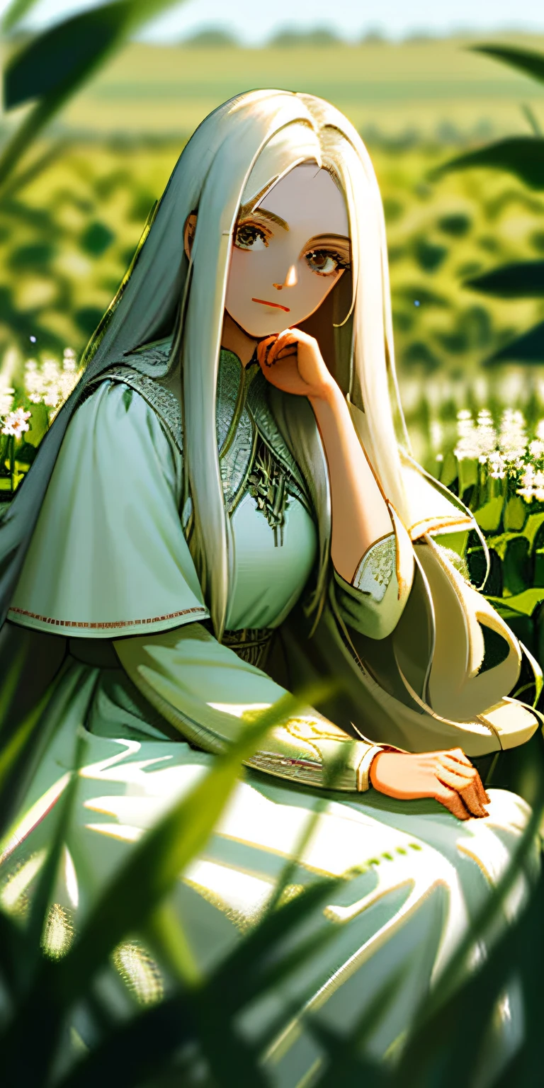 (masterpiece, best quality),1girl with long white hair sitting in a field of green plants and flowers, her hand under her chin, warm lighting, white dress, blurry foreground