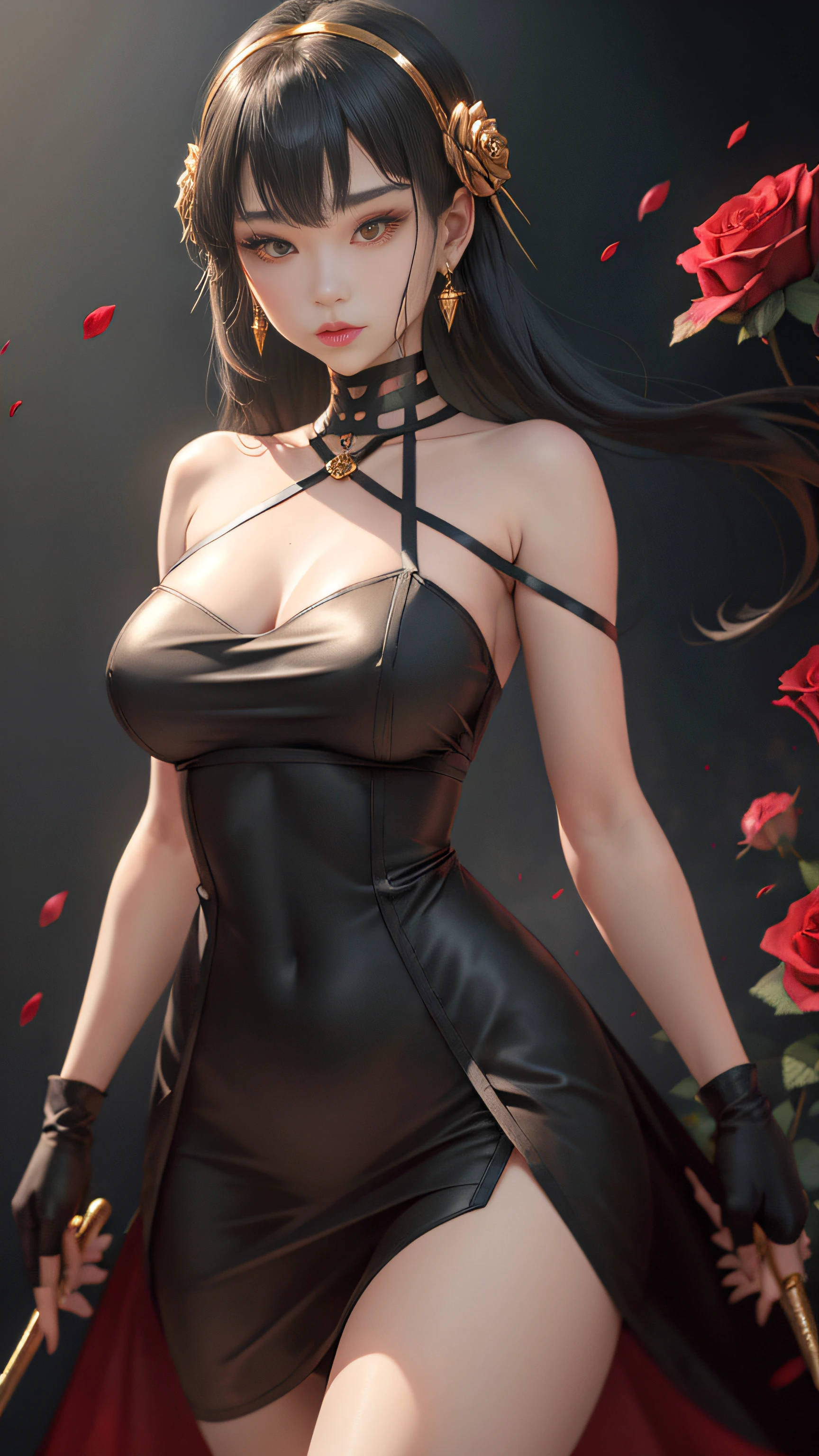 Yorbrier、

Super beautiful big glowing eyes、1girl in, in backlight, bare shoulders​, black backgrounds, Black Dress, Black Gloves, Dark hair, Bloods, Blood on the face, Blood in weapons, breastsout, Mouth closed, cowboy  shot, doress, 耳环, deadpan, Fingerless gloves, floting hair, with floral pattern, with floral pattern, florals, gloves, Gold Earrings, Gold Hair Band, flower in hair, hair adornments, shairband, ngel, holding weapon, jewely, large full breasts, light particules, length hair, looking at the viewers, Off shoulder dress、off shoulders、flower petals、red eyes、roses、Rose petals、Rose print、short hair with long locks、side locks、独奏、spikes、thighs thighs thighs thighs、two-sided dress、two-sided fabric、arma

、((​masterpiece))