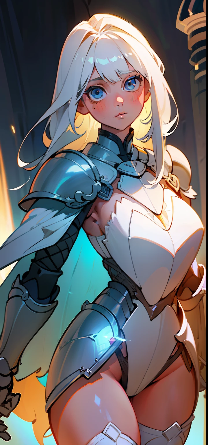 1 Girl, light eyes, big white hair, locks of hair, bangs, hair detail, strands of hair detail, (lights effect on hair), ((sexy white knight full armor)), big chest, thick legs, thick thigh, backdrop, in the sky, in heaven, ambient detail, ultra detailed