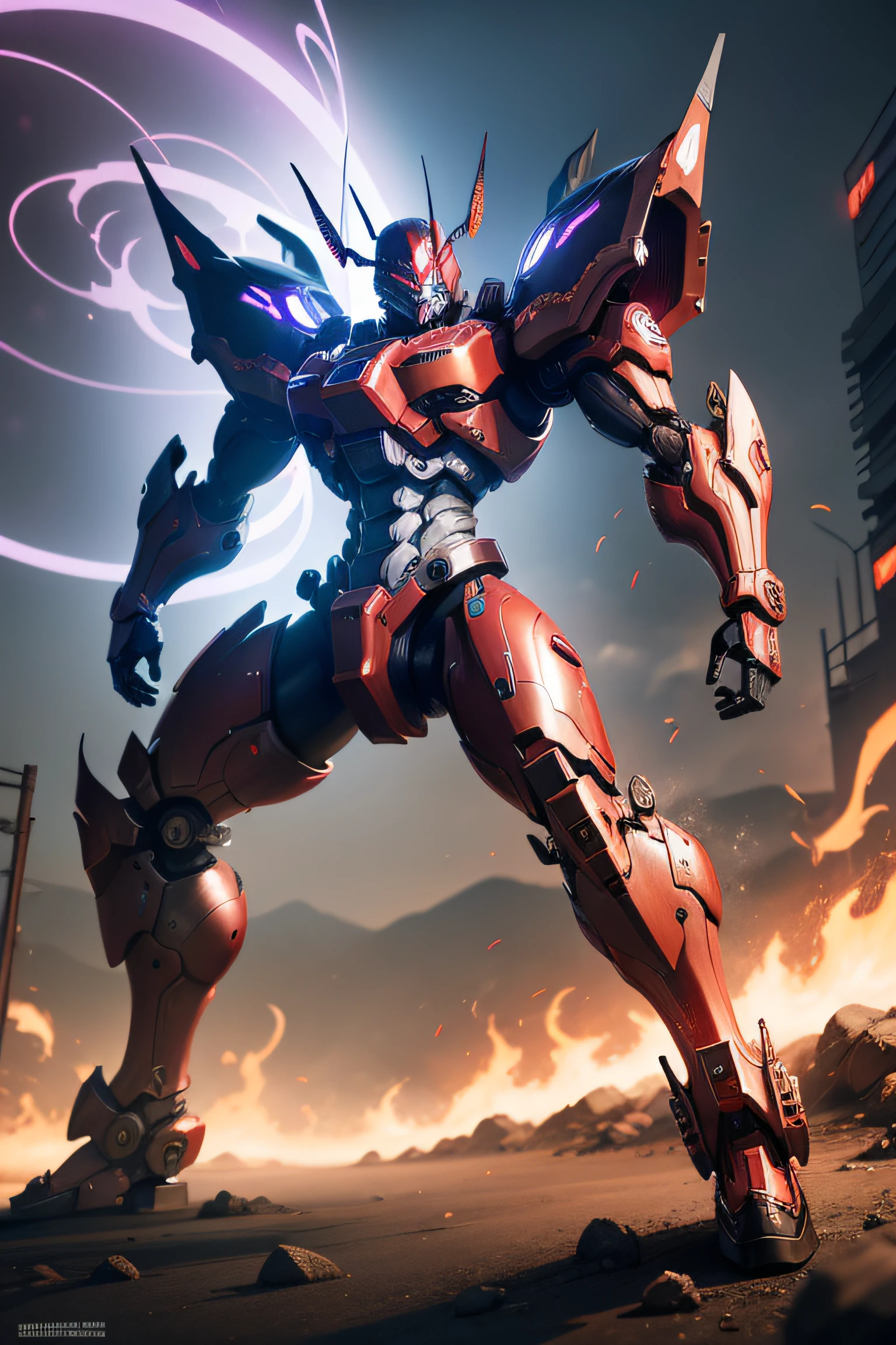 Mecha Cyberdemon Samurai, Detailed , is looking at the camera, dynamicpose, violet-red colors, full length