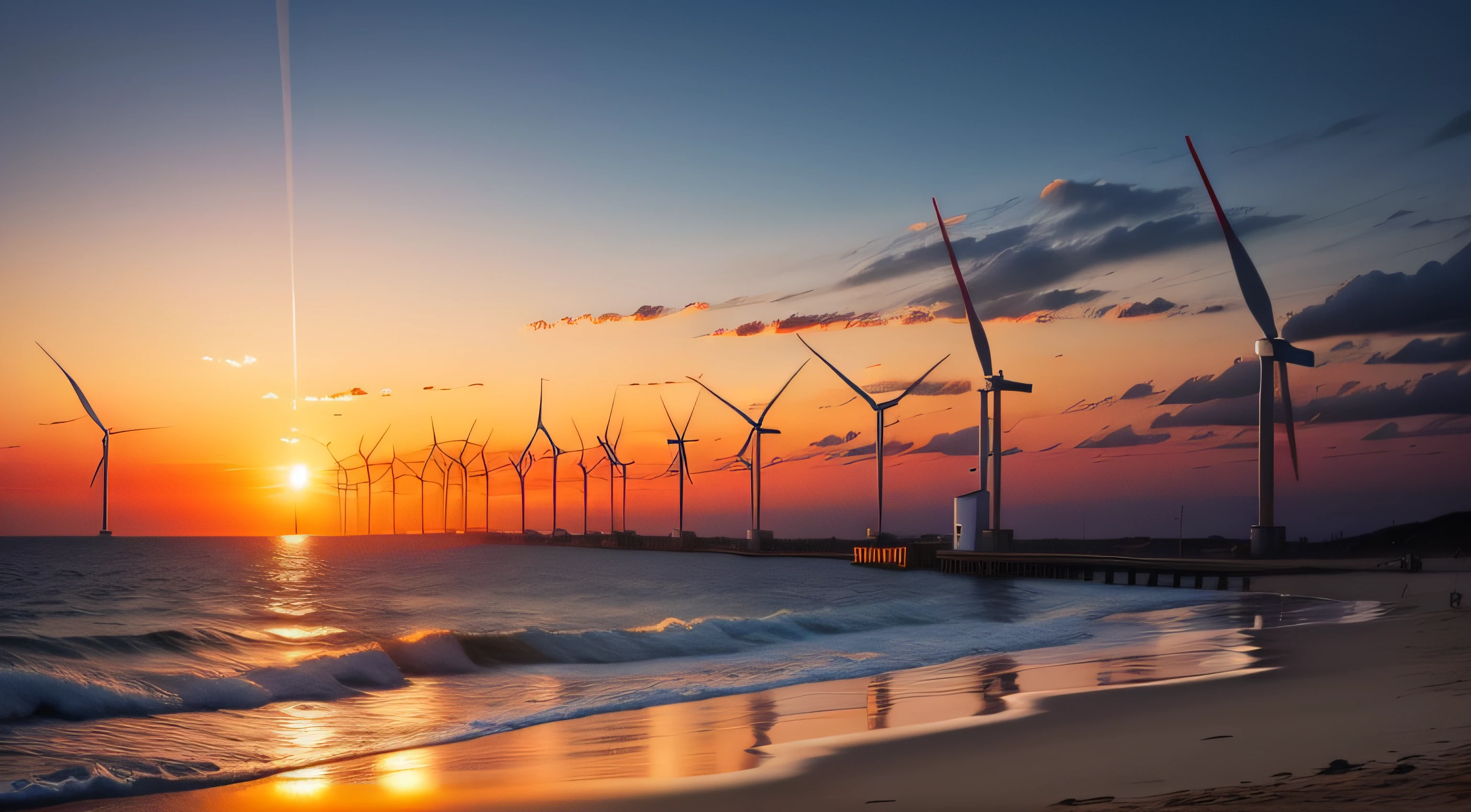 Windpark im Ozean im Sonnenuntergang