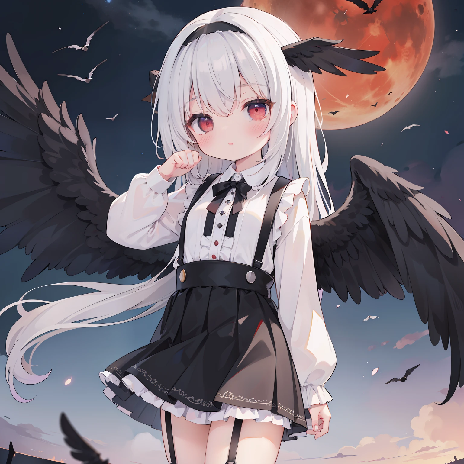 extremely detailed CG unified 8k wallpaper, very fine 8KCG wallpaper, absurderes，Lori ，Best Quality ，ultra-detailliert ，Beautiful face ，Wings，(((a girl is standing))) ，(((Black wings on the back))) ，1girl in, 独奏,hair between eye, bangss,From head to chest、(((Mini skirt with ruffles on suspenders)))，(((long hair and a little outside,,,,,,,,,)))，(((Silvery hair)))，black ribbon headband，Red Eyes，Show from head to waist, flat chest,Little,child,10 years old,Closed_Bocchi，Small_breasts,pale skin, Bare_Legs,Flying Black Wings，Background black，Red Moon，Crows are flying，Black castle on background