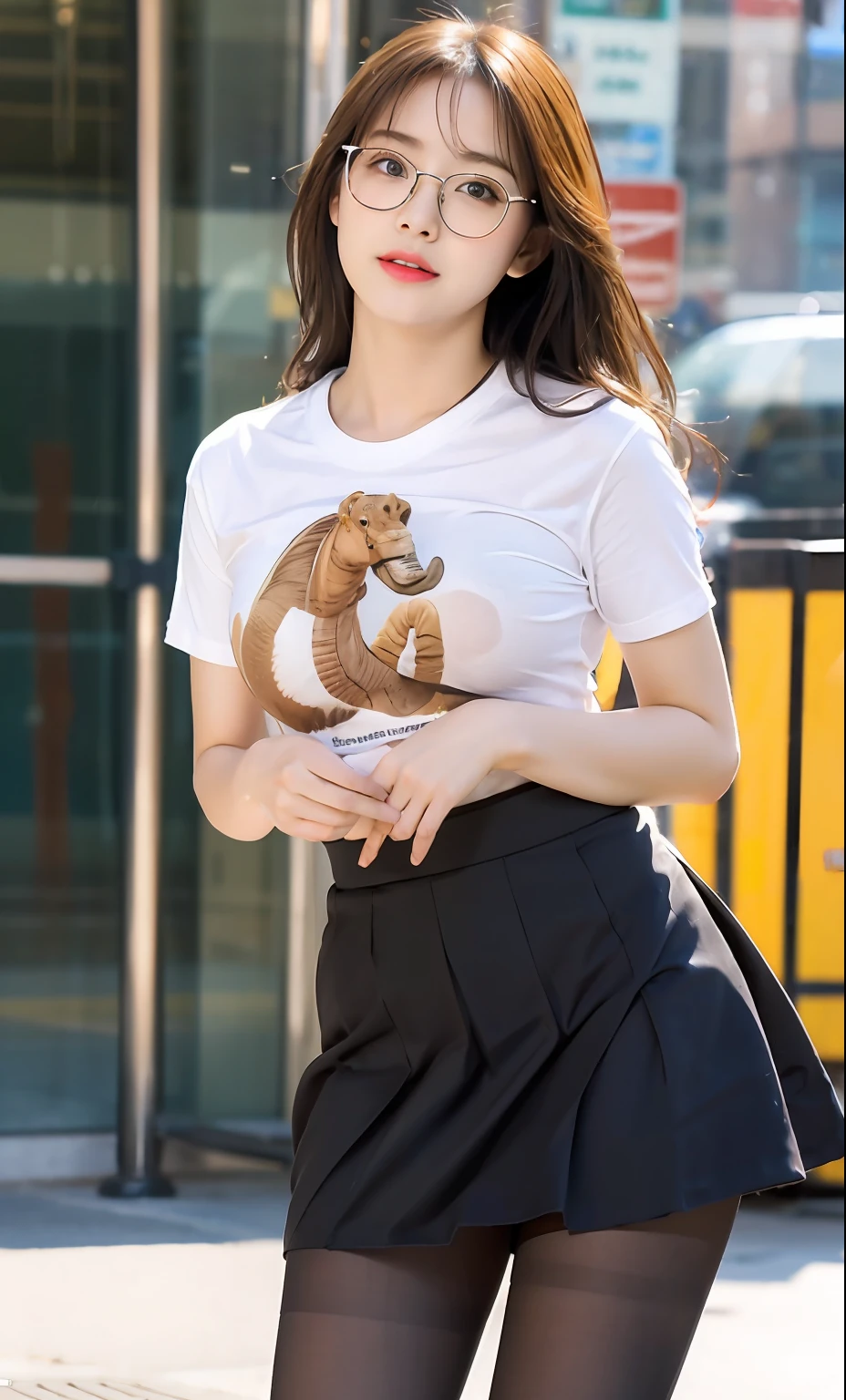 ulzzang-6500-v1.1,(raw photo:1.2), (photorealistic:1.4), beautiful detailed girl, very detailed eyes and face, beautiful detailed eyes, ridiculous, incredibly ridiculous, huge file size, super detailed, high resolution, very detailed, best quality, masterpiece, ((t-shirt)), illustration, very detailed, CG, unified, 8k wallpaper, amazing, fine details, masterpiece, Best quality, very detailed CG unified 8k wallpaper, face light, movie lighting, 1girl, , long white hair, side split, (big breasts), (no panties)), (with glasses), (dynamic pose), (sexy pose), ((camel toe))), (half), ((pantyhose)), ((black hip skirt)), (bent knees)))))