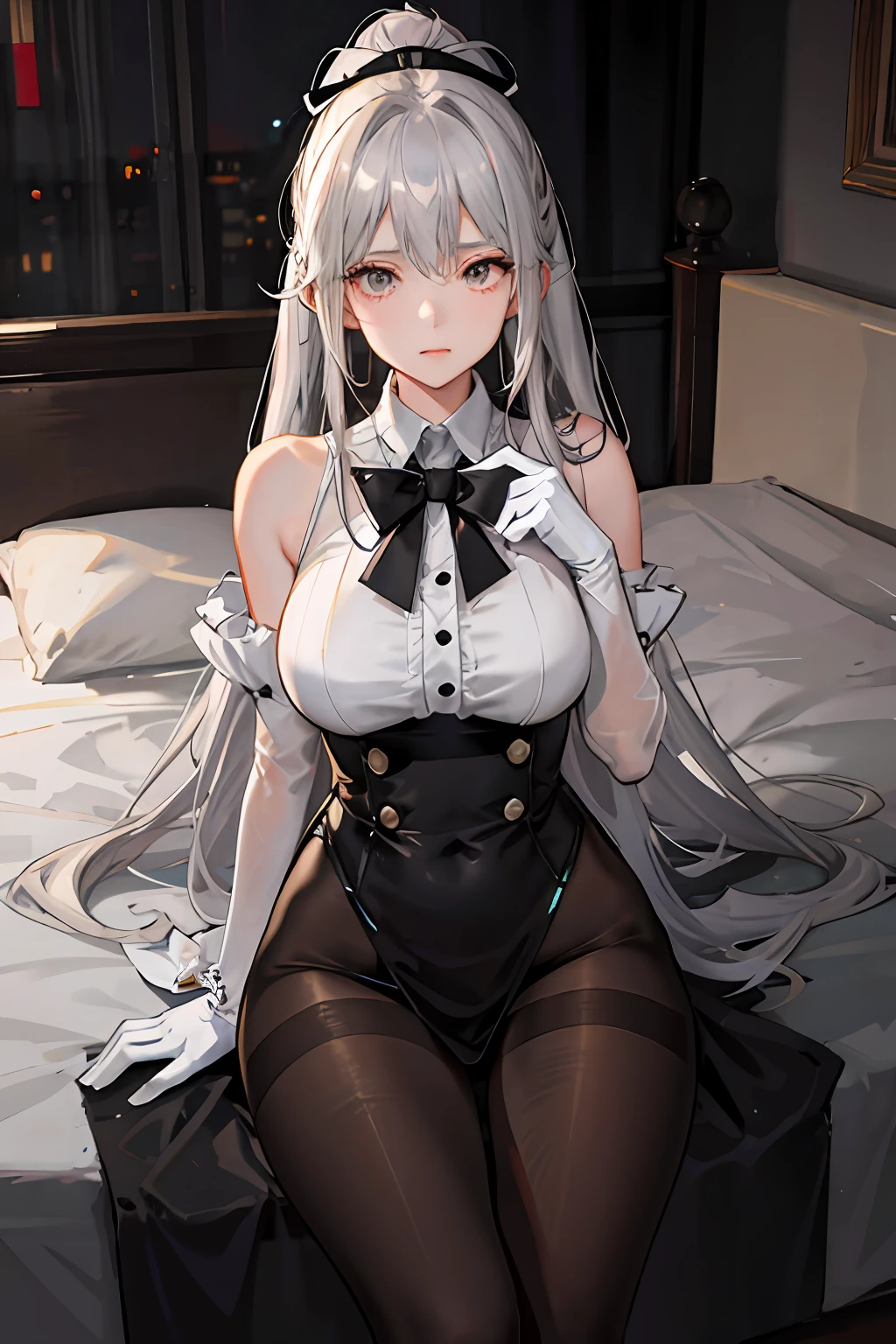 (((1个Giant Breast Girl)),Ray traching,(dim murky lights),[detailedbackground(Bedrooms)),((Silvery hair)),((Silvery hair)),(((((Fluffy silver hair,plump and slender girl))Wears a high ponytail)))Avoid golden eyes in the ominous bedroom((((Girl wearing intricately embroidered black high-waisted pants with pantyhose)There are also white ruffled bow gloves),It shows a delicate and slender figure and beautiful curves,Correct limbs,sit on a bed,Have sex with another man