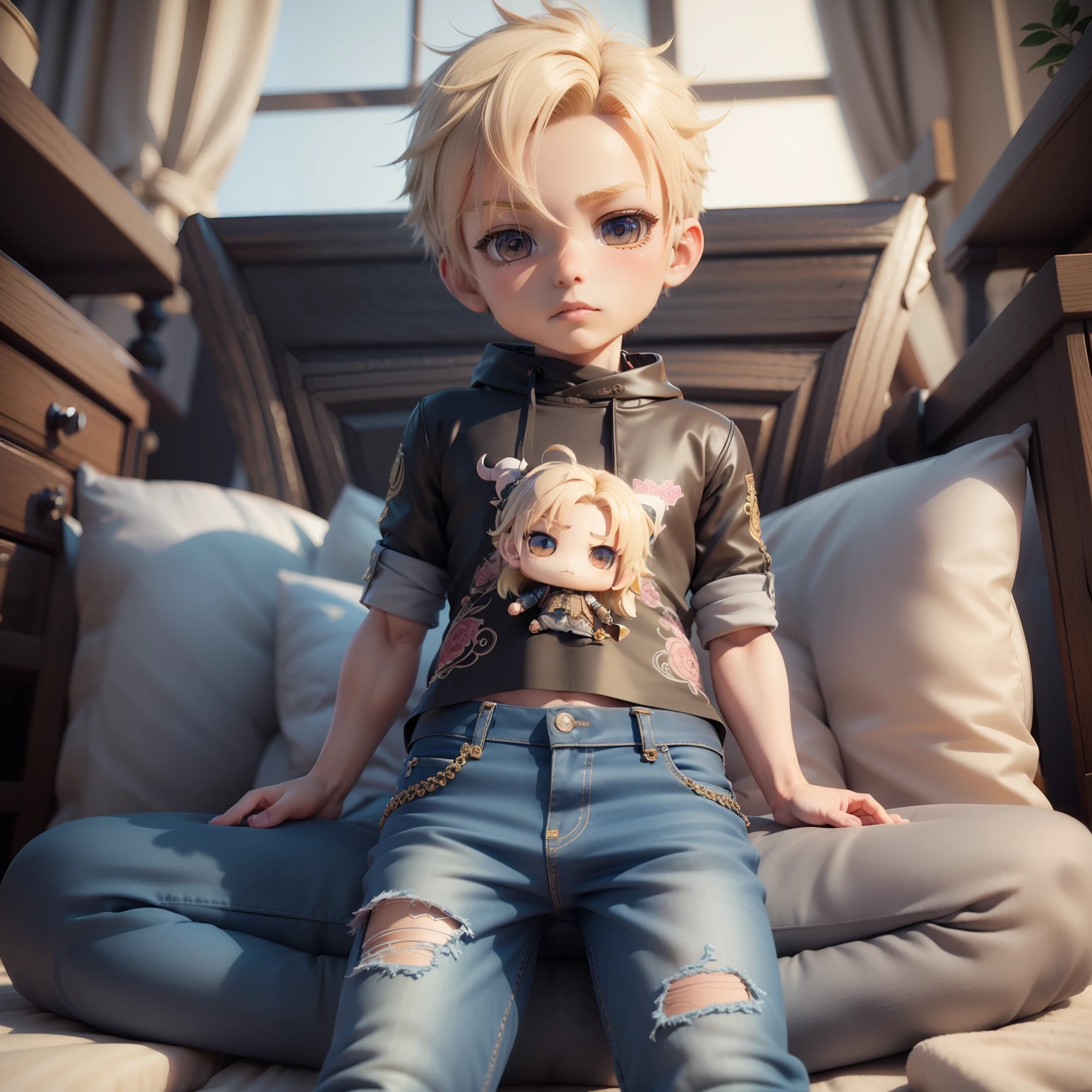 (((chibi3d))),a very cute and beautiful male boy solo/ a blond,Ash color,Soft Regent,Dragon embroidered skajans,Doweled damaged jeans,