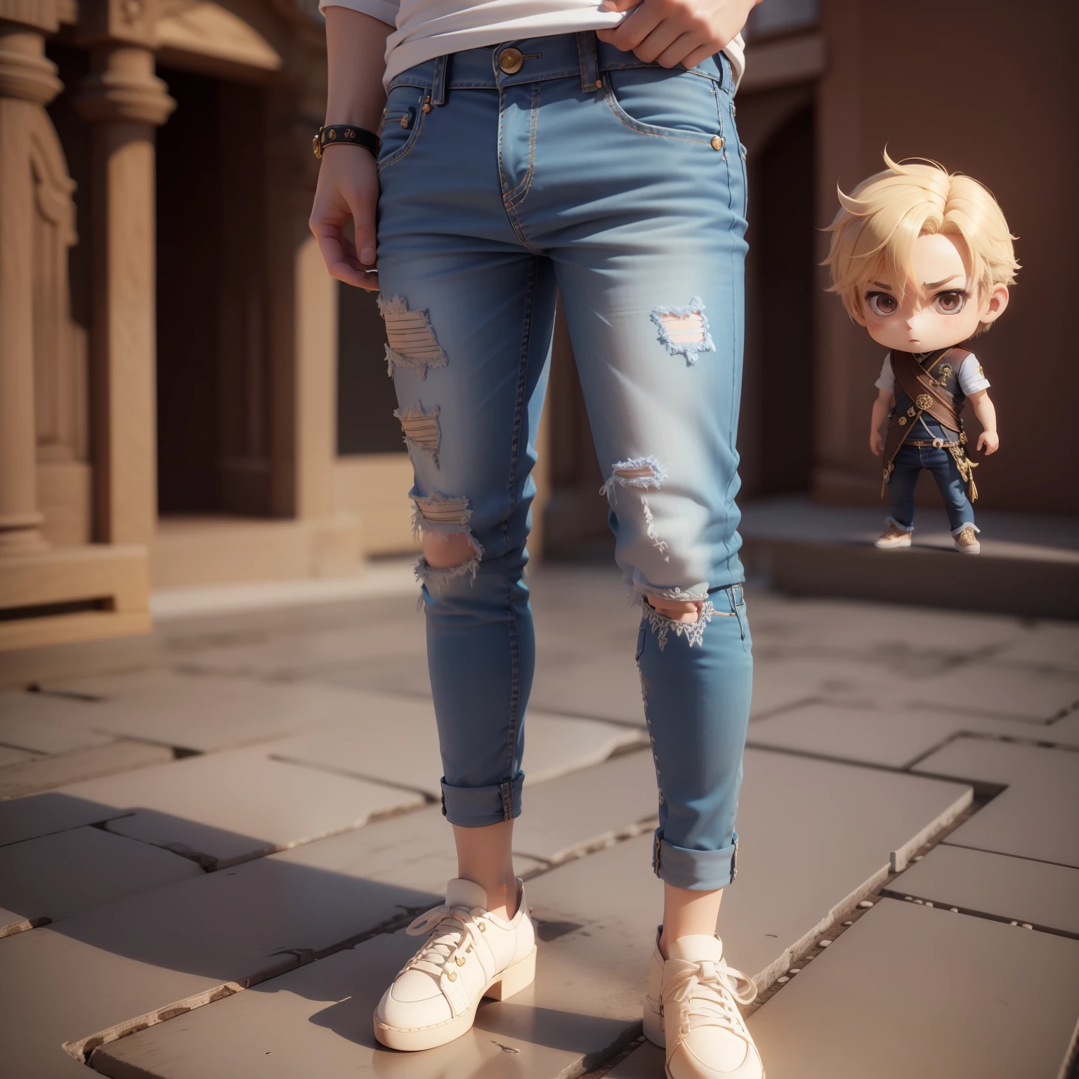 (((chibi3d))),a very cute and beautiful male boy solo/ a blond,Ash color,Soft Regent,Dragon embroidered skajans,Doweled damaged jeans,
