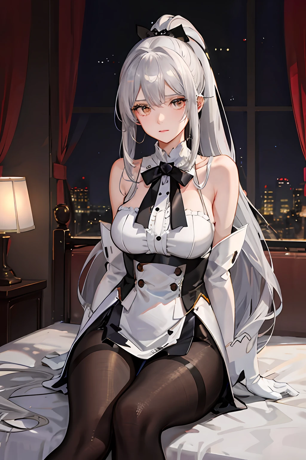 (((1个Giant Breast Girl)),Ray traching,(dim murky lights),[detailedbackground(Bedrooms)),((Silvery hair)),((Silvery hair)),(((((Fluffy silver hair,plump and slender girl))Wears a high ponytail)))Avoid golden eyes in the ominous bedroom((((Girl wearing intricately embroidered black high-waisted pants with pantyhose)There are also white ruffled bow gloves),It shows a delicate and slender figure and beautiful curves,Correct limbs,sit on a bed,Have sex with another man