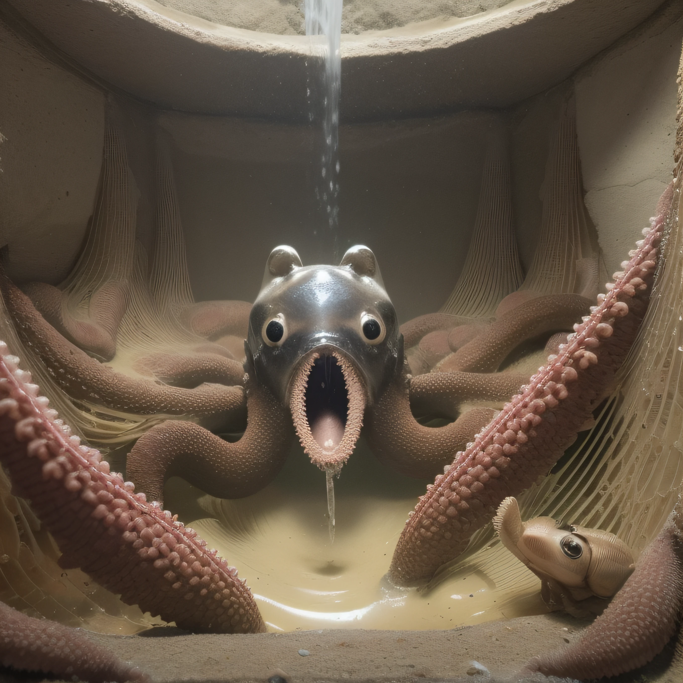 (extremadamente detallado, obra maestra, La mejor calidad), Estilo oscuro, intense illumination, rostro con arrugas, lengua larga, tentacle, deforme, monstruoso, interior de una piscina de agua verdosa, imagen submarina, alien con Colmillos finos, pico de pulpo amenazante. manchas de tinta. Rococo composition. Luz de caravaggio