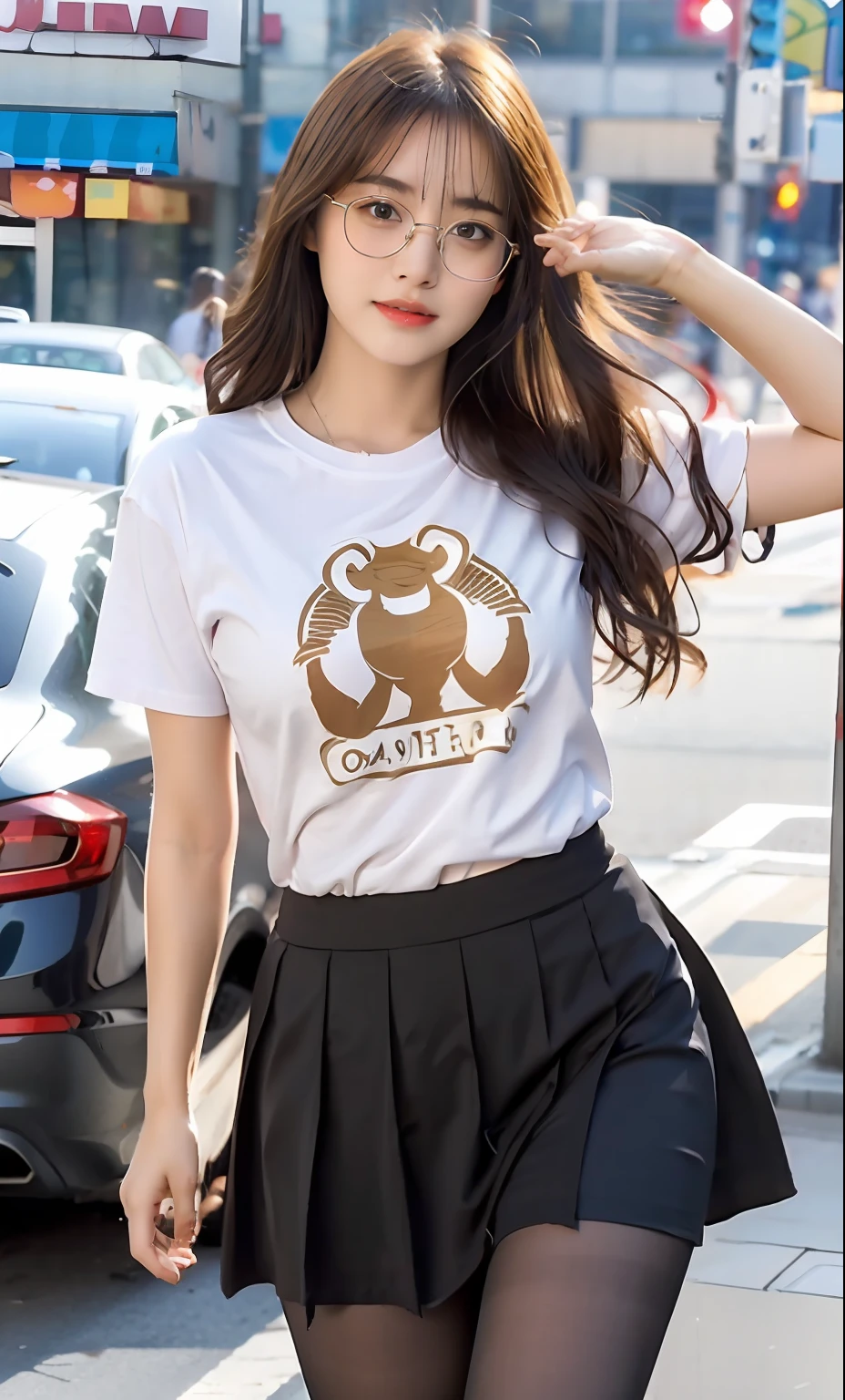 ulzzang-6500-v1.1,(raw photo:1.2), (photorealistic:1.4), beautiful detailed girl, very detailed eyes and face, beautiful detailed eyes, ridiculous, incredibly ridiculous, huge file size, super detailed, high resolution, very detailed, best quality, masterpiece, ((t-shirt)), illustration, very detailed, CG, unified, 8k wallpaper, amazing, fine details, masterpiece, Best quality, very detailed CG unified 8k wallpaper, face light, movie lighting, 1girl, 16 years old, long white hair, side split, (big breasts), (no panties)), (with glasses), (dynamic pose), (sexy pose), ((camel toe))), (half), ((pantyhose)), ((black hip skirt)), (bent knees)))))