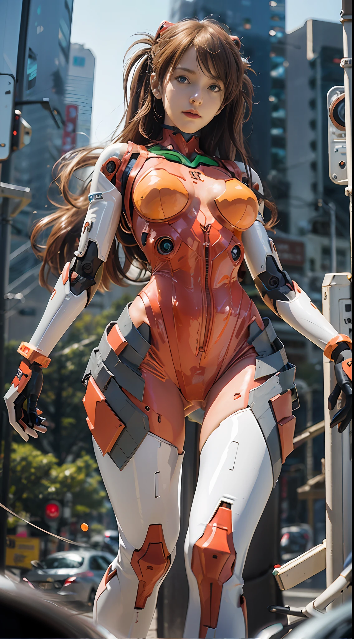 (realistic: 1.3) (original: 1.2), masterpiece, best quality, (((big breast)))+ (((beautiful clean face))), fullbody, ((robot girl, mecha)), broken armor, mechanical halo, mechanical arms, white hair, long hair, ceramic body, thigh gap, small breast, cyber background, extreme detailed city, EVA 02,Souryuu Asuka Lanley,(translucent body, reflection skin), 8k, best quality, ultra detailed, (hyperrealistic:1.4),
