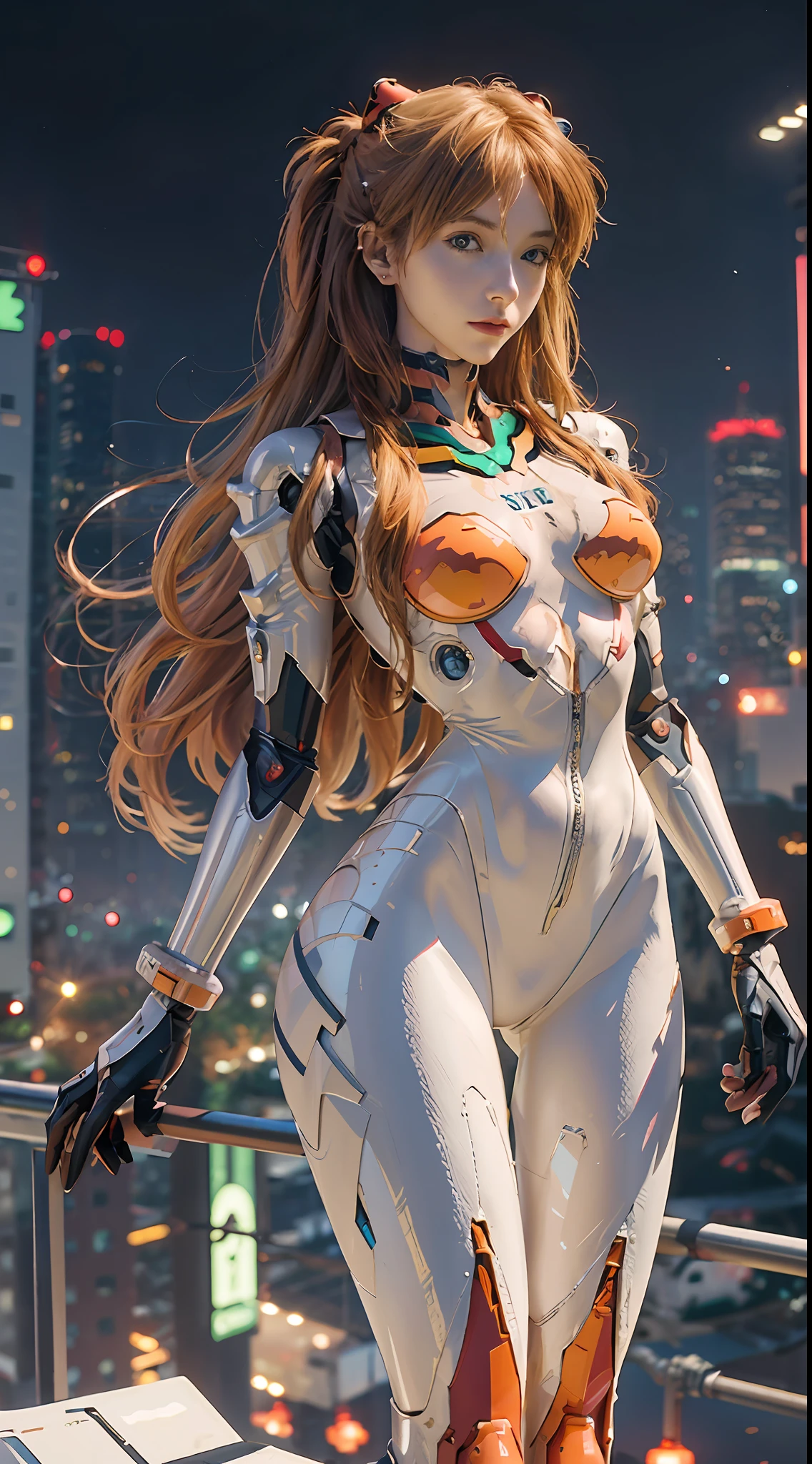 (realistic: 1.3) (original: 1.2), masterpiece, best quality, (((big breast)))+ (((beautiful clean face))), fullbody, ((robot girl, mecha)), broken armor, mechanical halo, mechanical arms, white hair, long hair, ceramic body, thigh gap, small breast, cyber background, extreme detailed city, EVA 02,Souryuu Asuka Lanley，(translucent body, reflection skin), 8k, best quality, ultra detailed, (hyperrealistic:1.4),