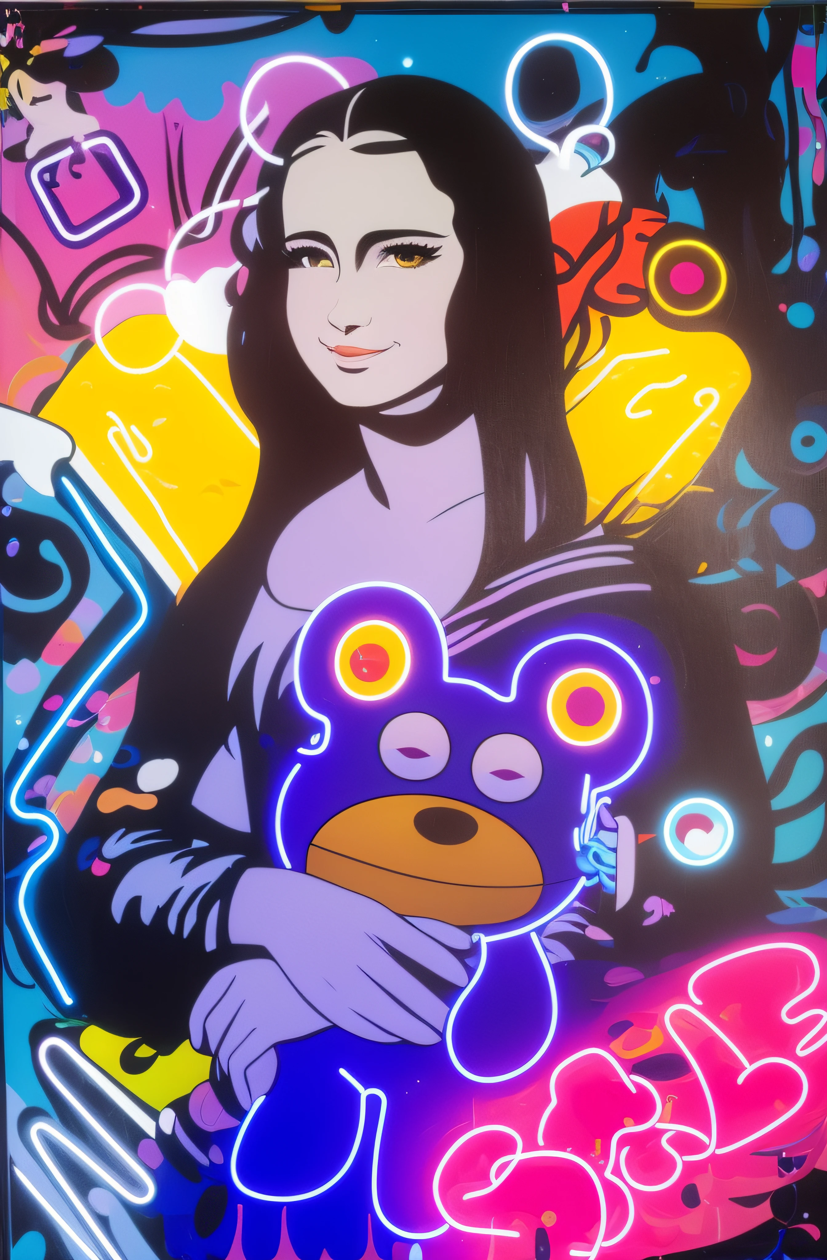 a close up of a painting of a person holding a monkey, lisa frank & sho murase, portrait of a lisa frank, inspired by Ron English, inspired by Takashi Murakami, inspired by Murakami, neon graffiti, alex yanes and lisa frank, toyism, style of takashi murakami, neon art