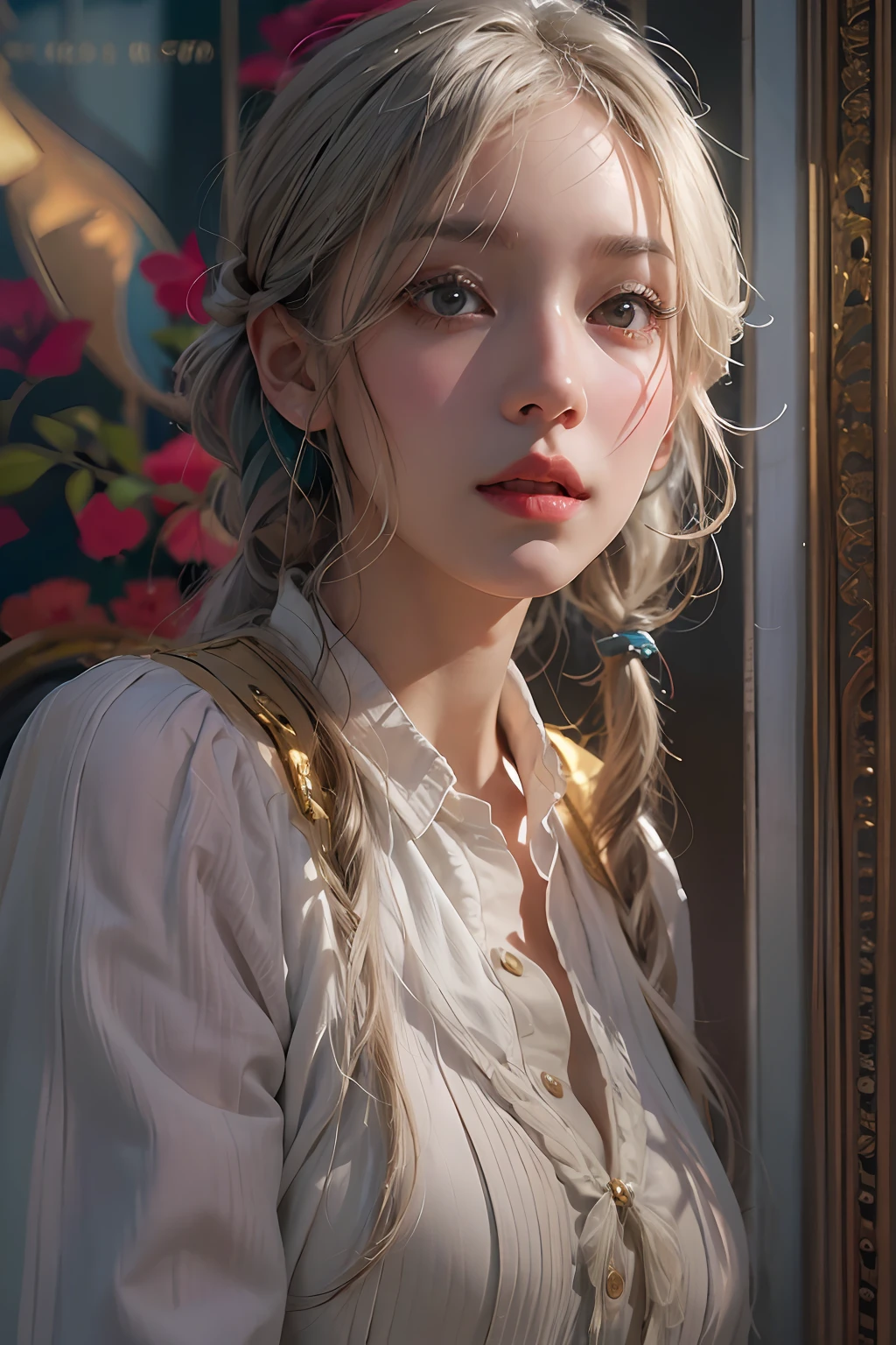 Hyperrealist portrait of female by david hockney and alphonse mucha,fantasy art, photo realistic, dynamic lighting, artstation, poster, volumetric lighting, very detailed faces, 4 k, award winning,, 1girl, in the dark, deep shadow, low key,cowboy shot,(official clothing:1.4) ,long hair,white hair,Masterpiece, top quality, official art, highly detailed CG Unity 8K wallpaper, like a schoolgirl, very delicate and beautiful, ultra high resolution, (photorealistic: 1.4), golden hour lighting, (upper body), (platinum shorthair: 0.8), (puffy eyes), looking at the viewer, facing the front, smiling, JK skirt, white dress, Shirt Lift Long Black Hair、hair、Portrait of a female hyperrealist by David Hockney and Alphonse Mucha、Fantasyart、Photorealsitic、动态照明、art stations、poster for、Volumetric lighting、extra detailed face、4 k、Award-winning、、1girl、dark、deep-shadows、lowkey、In the street、(校服:1.4)、length hair、A dark-haired、iced、unclear