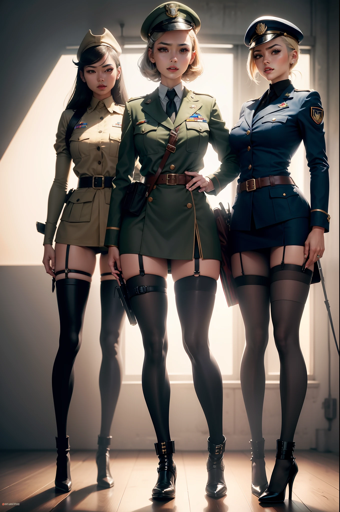 (Full body shot:1.3), Must show your face, anatomy correct, Stocking tights must be worn, colorful，Female WWII soldier with sabre，Complex and diverse battlefield background，Strangling effect, High-heeled leather shoes, anklet, leg loops, collars, Heavy makeup, A shallow laugh, hyper HD, Ray traching, structurally correct, Award-Awarded, high detal, lightand shade contrast, Face lighting，cinmatic lighting, tmasterpiece, super detailing, high high quality, high detal, best qualityer, 16k