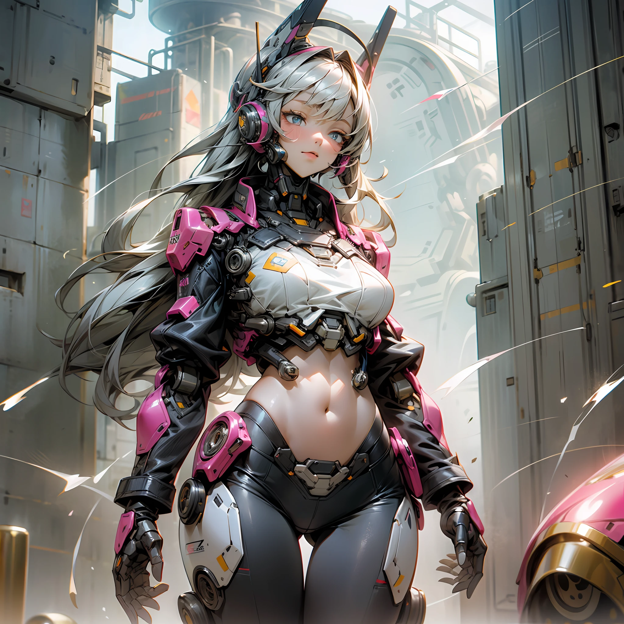 (outstanding, professional, surreal), towering buildings rise from the ground to form a magnificent landscape of the futuristic city. In the center of the picture, a huge and magnificent robot mech stands tall. Its pink metal shell shimmers, and the delicate textures and intricate lines of the robot mech outline its high-tech figure. The robot mech is tall, exuding an unparalleled sense of majesty and power. The robot mech has bright LED lights embedded in its shoulders, flashing in various bright colors, like the bright stars of the future city. Its arms are equipped with powerful energy weapons and are ready to meet the challenges of battle. Standing next to the robot, we see a striking teenage girl. She wears a black leather jacket and close-fitting black stockings, highlighting her perfect figure. The texture of the black leather jacket contrasts with the metallic texture of the robot, showing a unique visual effect. The girl's firm and resolute eyes show that she is fearless, (the girl is in good shape, wearing leather clothes, showing her navel, medium breasts, and clear facial details)