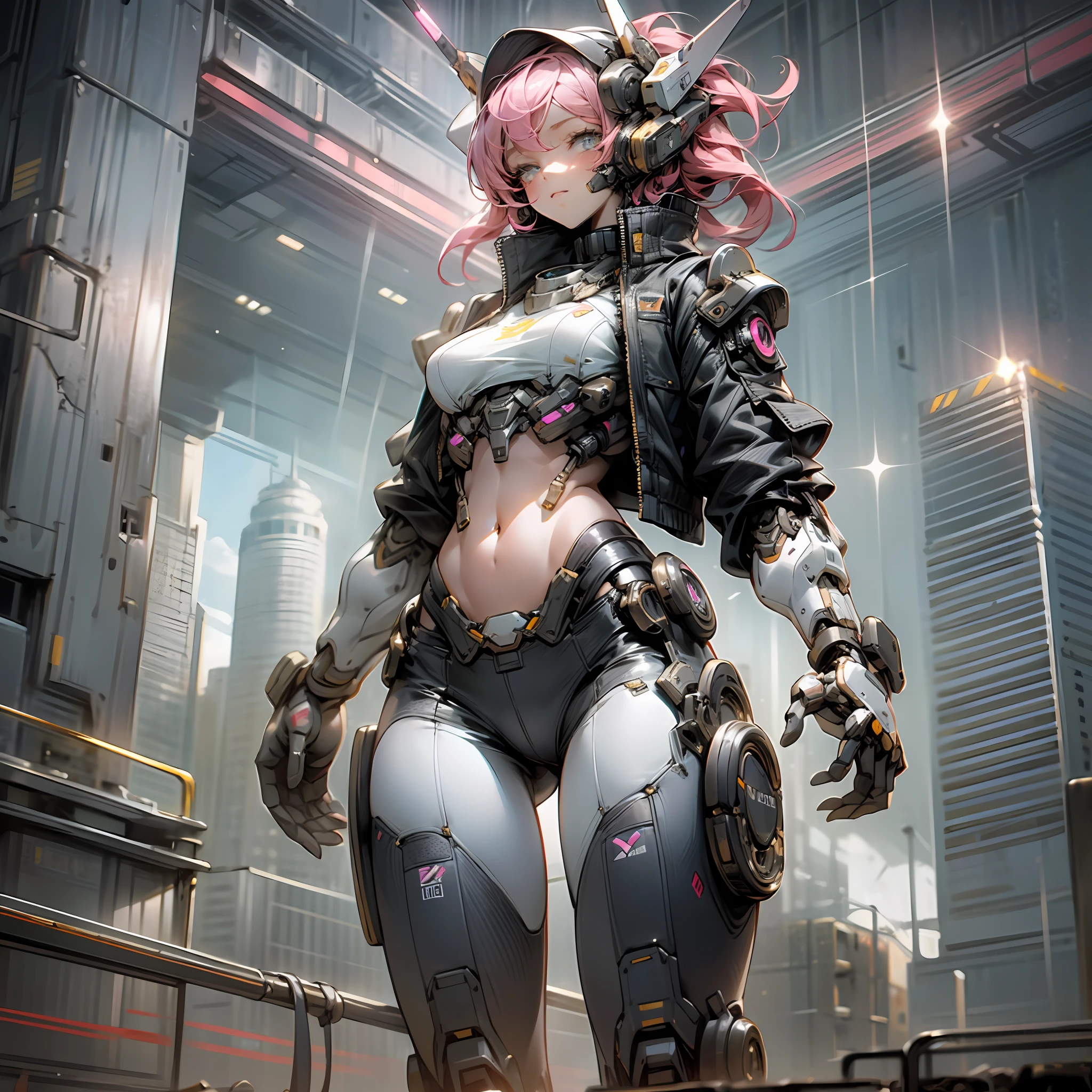 (outstanding, professional, surreal), towering buildings rise from the ground to form a magnificent landscape of the futuristic city. In the center of the picture, a huge and magnificent robot mech stands tall. Its pink metal shell shimmers, and the delicate textures and intricate lines of the robot mech outline its high-tech figure. The robot mech is tall, exuding an unparalleled sense of majesty and power. The robot mech has bright LED lights embedded in its shoulders, flashing in various bright colors, like the bright stars of the future city. Its arms are equipped with powerful energy weapons and are ready to meet the challenges of battle. Standing next to the robot, we see a striking teenage girl. She wears a black leather jacket and close-fitting black stockings, highlighting her perfect figure. The texture of the black leather jacket contrasts with the metallic texture of the robot, showing a unique visual effect. The girl's firm and resolute eyes show that she is fearless, (the girl is in good shape, wearing leather clothes, showing her navel, medium breasts, and clear facial details)