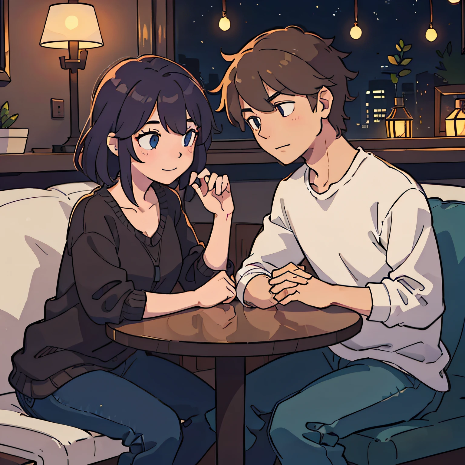 "Two individuals captivated in animated conversation amidst the inviting glow of a cozy evening ambiance."