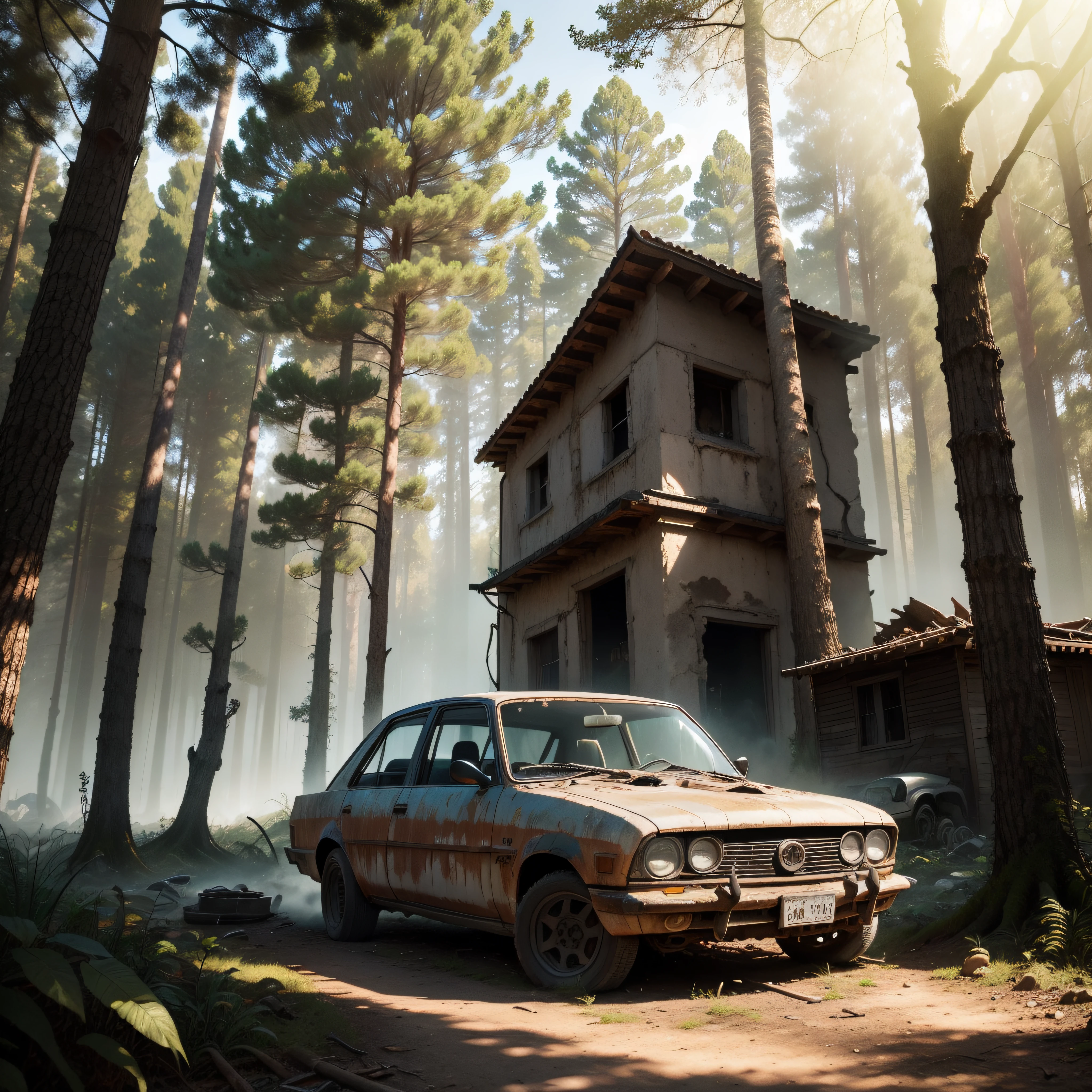 (extremadamente detallado, obra maestra, La mejor calidad), paisaje de bosque. en el cielo hay un agujero profundo, burned house, skulls on the ground, old and broken car, rusted, abollado, cubierto de plantas, oxidado, sucio. oggre hidden among trees. Daytime Lighting.
