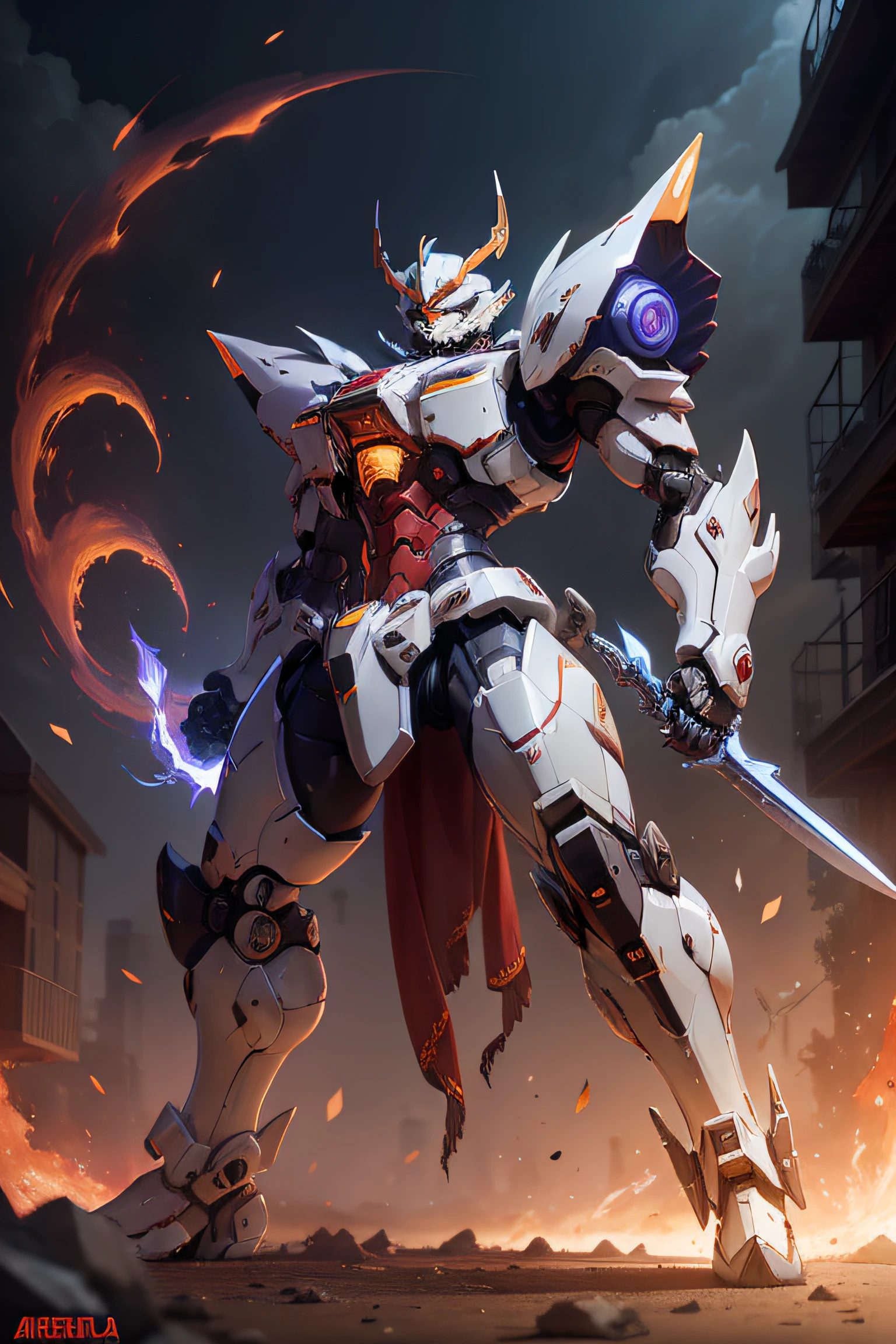 Robot Arafed with sword and fire in the background, Alexander Mekha Bely, alexandre ferra mecha, mecha art, Ferra White Mecha, Cool mecha style, official splash art, Barbatos Mobile Costume, Barbatos Gundam, Mecha costume, mecha warrior, Mobile Suit, G. Lulian Art Style