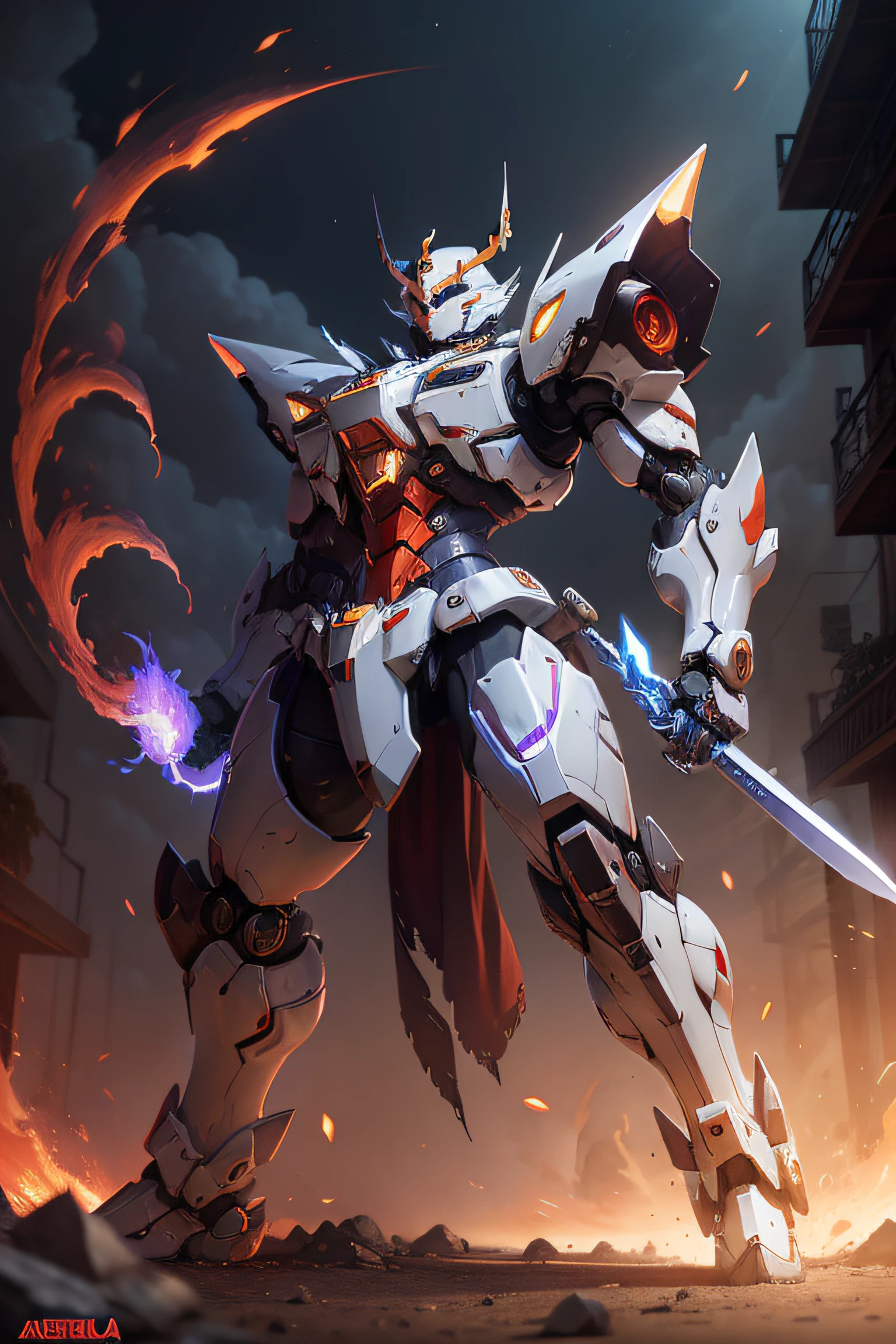 Robot Arafed with sword and fire in the background, Alexander Mekha Bely, alexandre ferra mecha, mecha art, Ferra White Mecha, Cool mecha style, official splash art, Barbatos Mobile Costume, Barbatos Gundam, Mecha costume, mecha warrior, Mobile Suit, G. Lulian Art Style