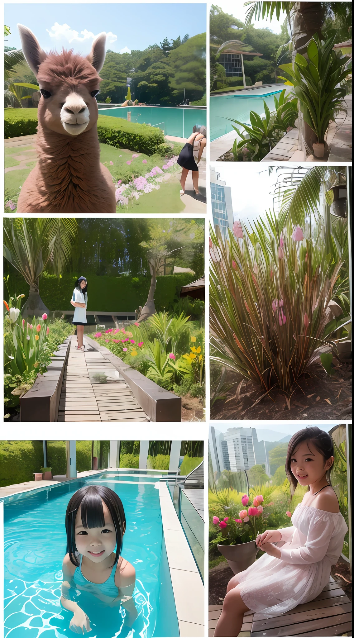 180-storey infinity pool,The tallest building in the city's forest,Sports Center,Bonsai around,Luo Han Song,coconut palms,coconut crab,tulips,Rose flower,Tease the alpacas to play,There were five girls wearing openwork translucent stockings,Pouting and smiling,is shy,Pout,Pink, gold, White, Blue, Five colors, Two-tailed hair and cyan eyes,Anime littlein servant costume