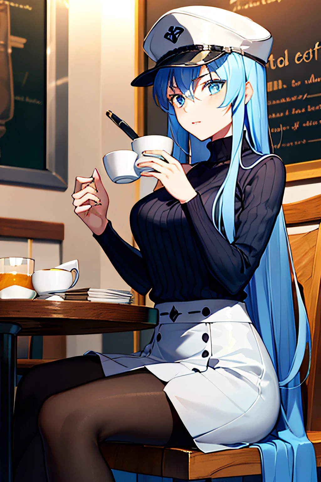 (Masterpiece), (Best quality),A high resolution, Ultra detailed, esdeath, Long hair ,Blue hair, Blue eyes, Peaked hat, Detailed background, cafe shop,high waisted skirt, Black pantyhose, (Black sweater), full bodyesbian