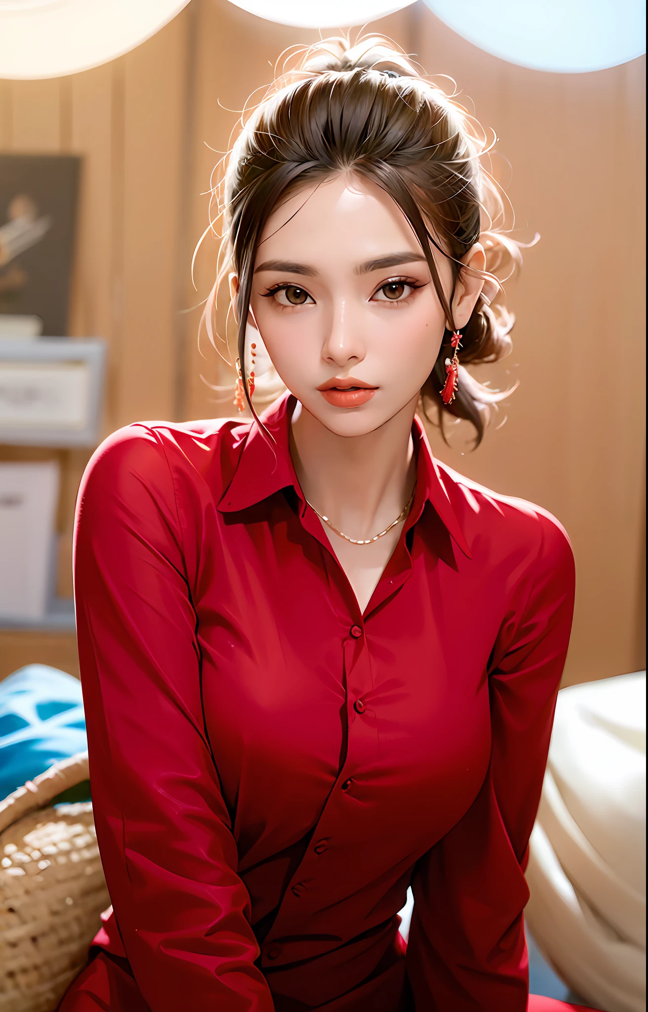 uma linda mulher com cabelos loiros e uma camisa vermelha posando para uma foto, vestindo uma camisa vermelha de lenhador, vestindo camisa xadrez, vestindo uma camisa de flanela, vestindo uma camisa xadrez, camisa xadrez, flanela, usando um vestido xadrez vermelho, Flanela de lenhador, camisa vermelha, cabelo comprido e camisa vermelha, camisa vermelha elegante, Loose - blusas justas, modelo bonito, menina loira bonita