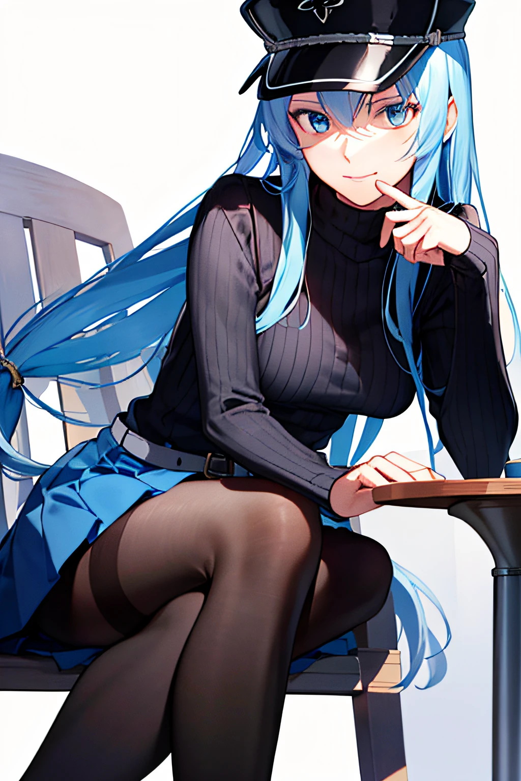 (Masterpiece), (Best quality),A high resolution, Ultra detailed, esdeath, Long hair ,Blue hair, Blue eyes, Peaked hat, Detailed background, cafe shop,high waisted skirt, Black pantyhose, (Black sweater), full bodyesbian