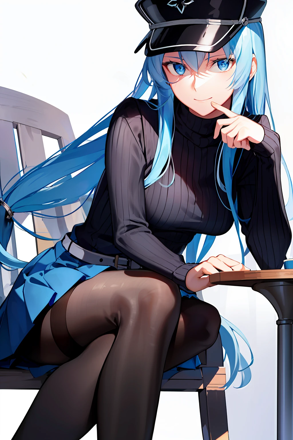 (Masterpiece), (Best quality),A high resolution, Ultra detailed, esdeath, Long hair ,Blue hair, Blue eyes, Peaked hat, Detailed background, cafe shop,high waisted skirt, Black pantyhose, (Black sweater), full bodyesbian