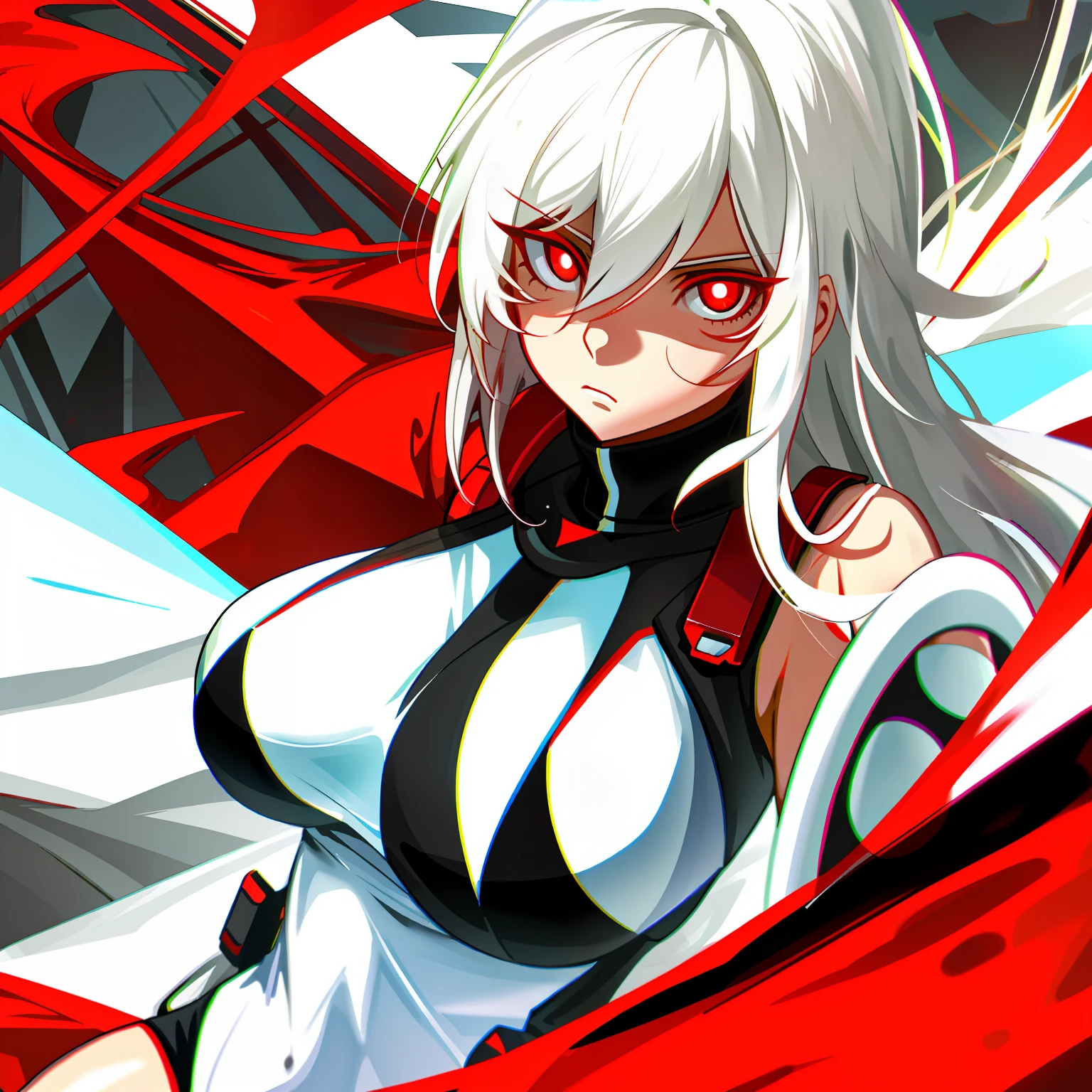 White hair, red pupils, swimsuit, big breasts