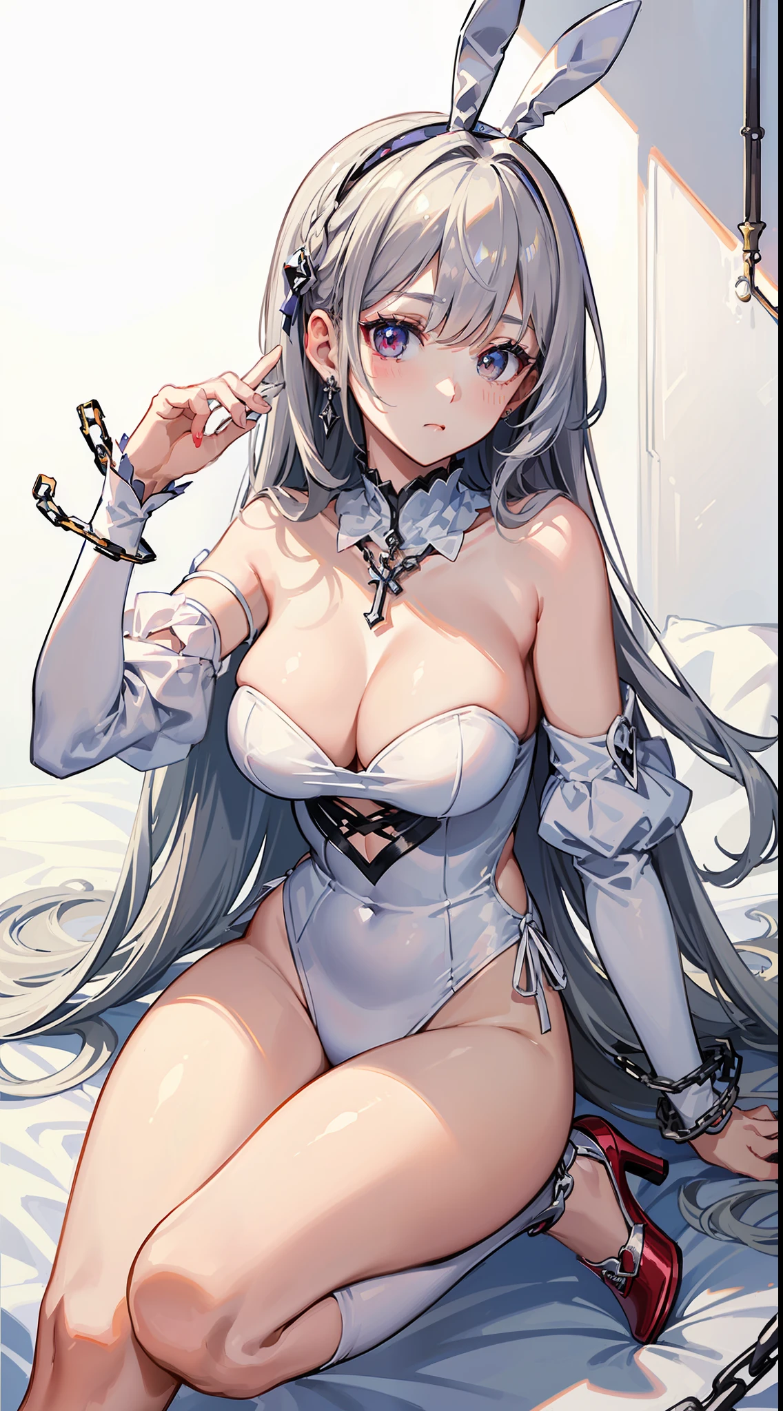 (masterpiece:1.5) (bestquality) (highlydetailed) (ultra-detailed) light,pale hair:white eyes:red intense shadows solo (1girl) puffy sleeves cold shinegoldeneyes expressionless cross-lacedfootwear (chain) (bunny girl costume:white)