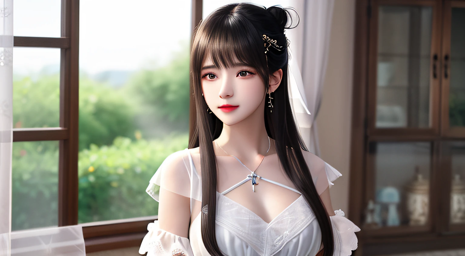 Best quality，tmasterpiece，A high resolution，CG，
1girll，arma，Don Dao，long whitr hair，shift dresses，Eau，独奏，jewely，white dresses，耳Nipple Ring，hair adornments，spatter，The upper part of the body，hair-bun，brunette color hair，
illuminating，Frankness，photore，A high resolution，4K，8K，Bokeh，