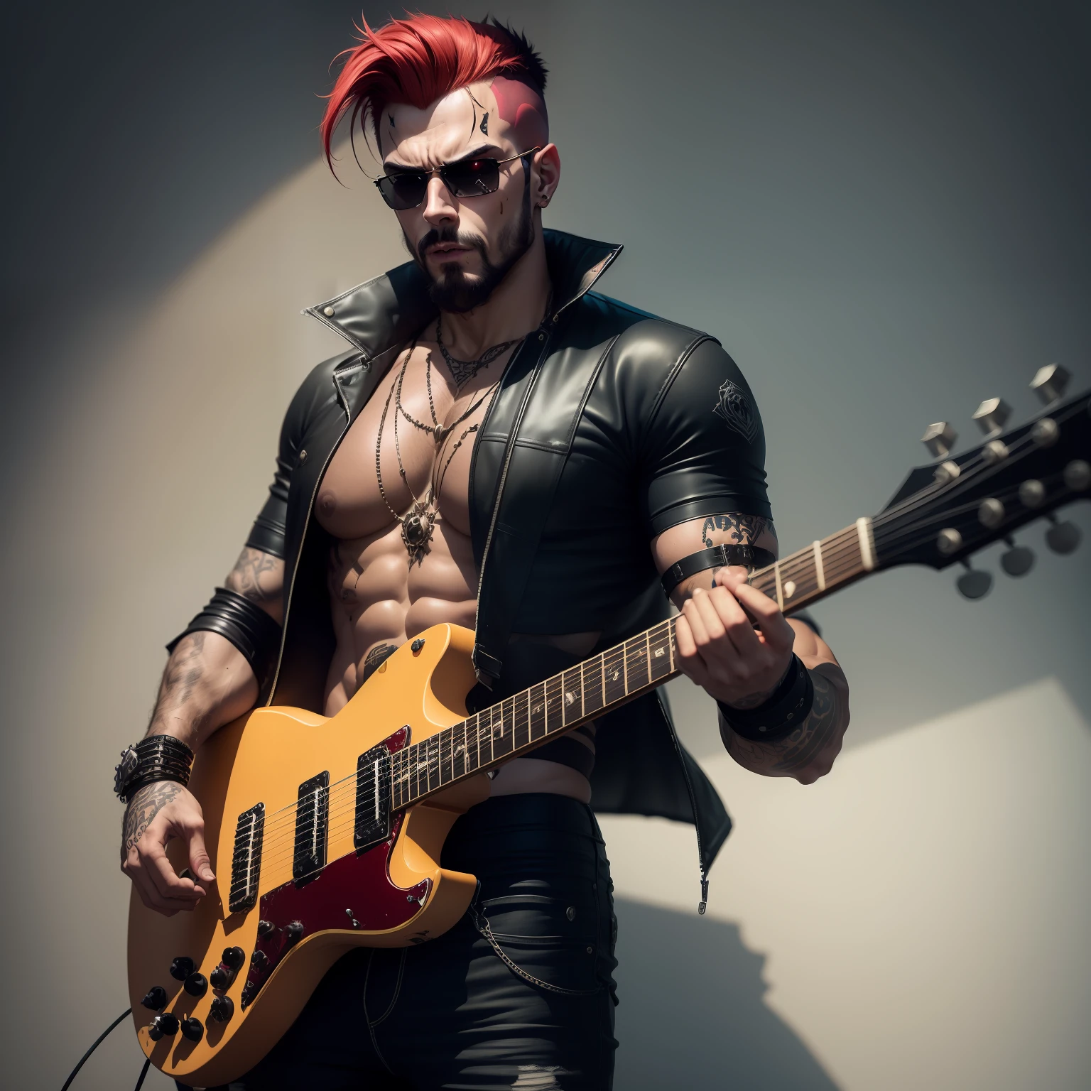 Imagine um barbaro de Rpg com roupas punk e usando uma guitarra machado, His face is one of fury and has a red aura around his body, His face is in the makeup of a band member "Kiss"