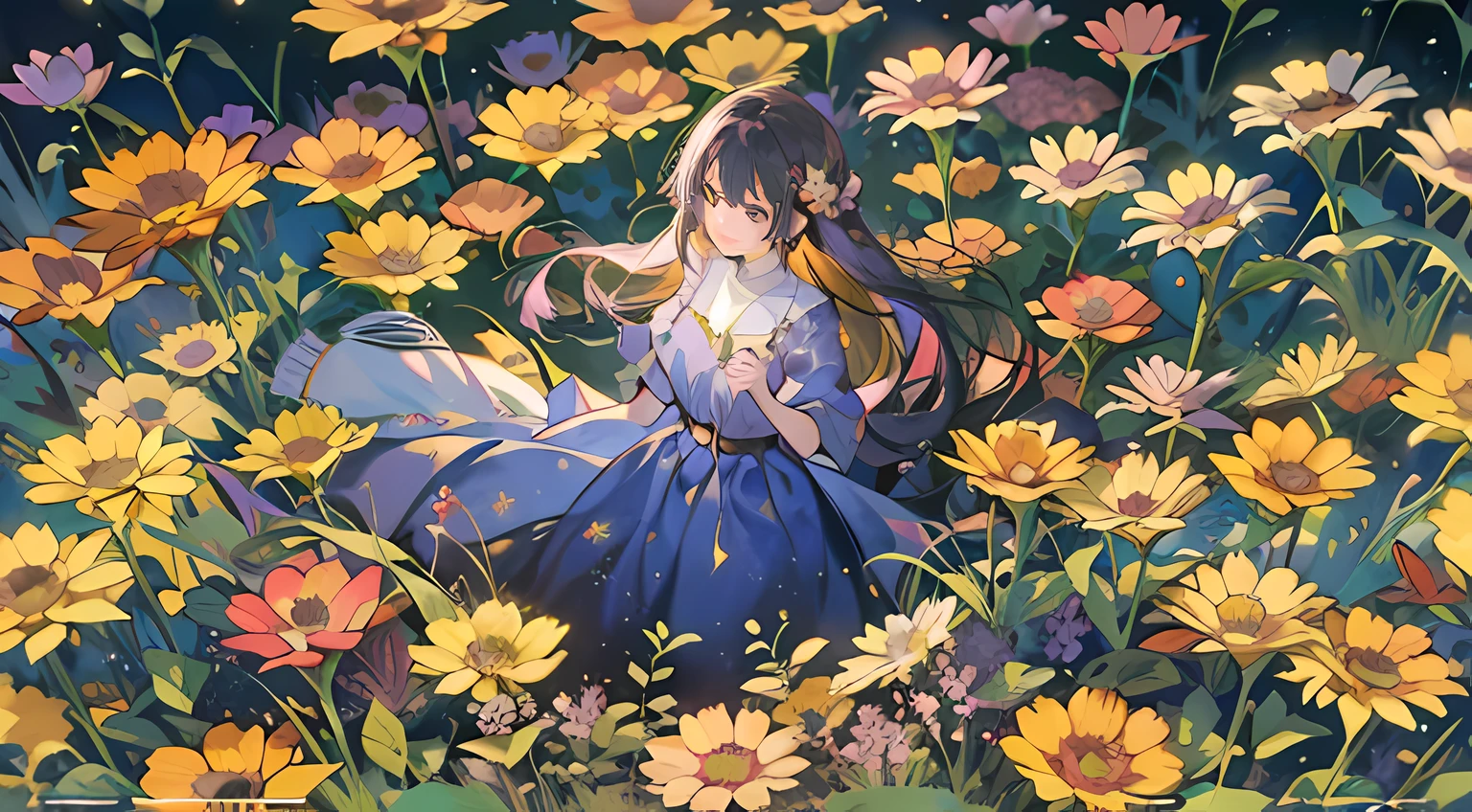 Expansive landscape photograph,(look from down,Above is the sky,Below are open fields),A girl standing on a flower field looking up,(moon full:1.2),(meteors:0.9),(Starcloud:1.3),Far Mountain, Tree BREAK making art,(Warm light source:1.2),(glowworm:1.2),lamp lights,Lots of purple and orange,Complicated details,Volumetriclighting,Realism BREAK(tmasterpiece:1.2),(best qualtiy),4K,Ultra-detailed,(dynamic compositions:1.4),The is very detailed,Colorful details,(Irridescent color:1.2),(luminouslighting,Atmospheric lighting),dream magical,magical,(独奏),ultra very long shot(ova) People from afar Great vision