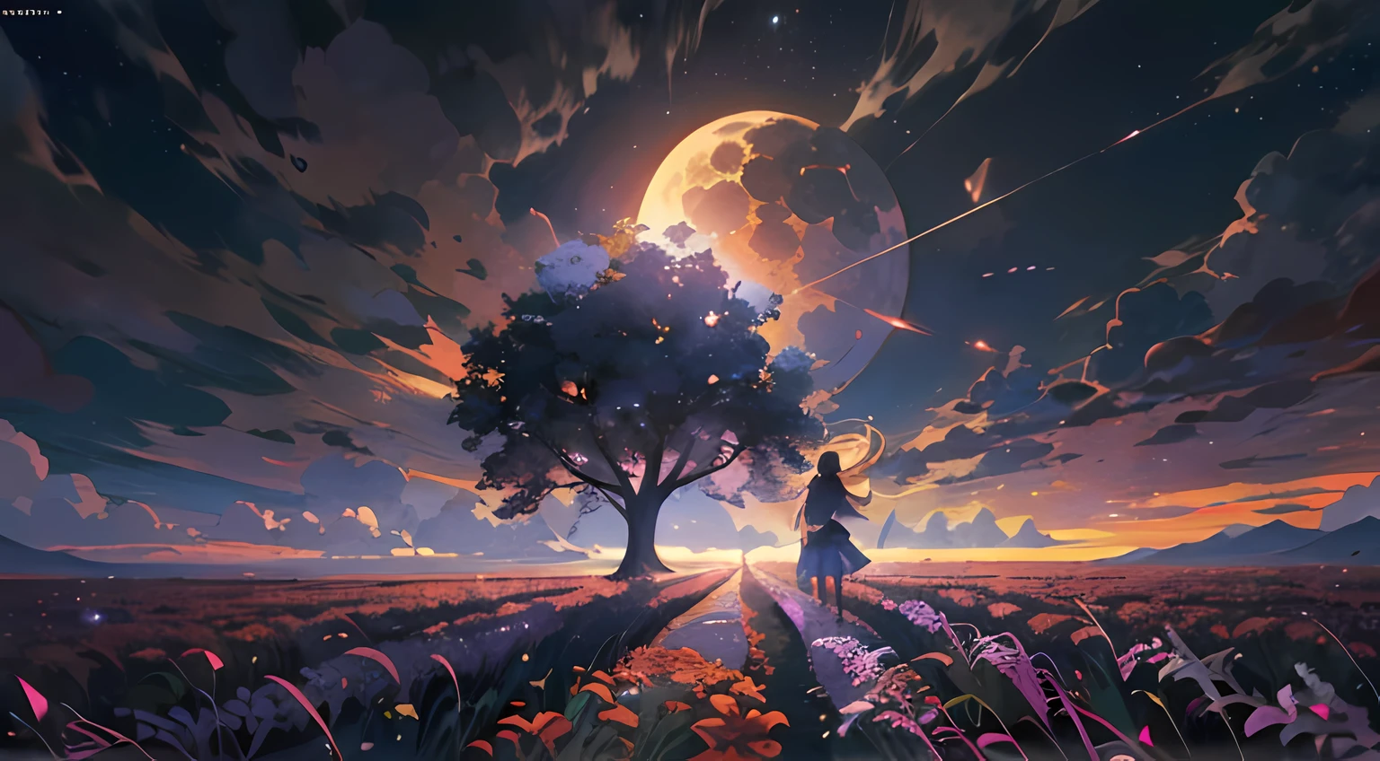 Expansive landscape photograph，（look from down，Above is the sky，Below are open fields），A girl standing on a flower field looking up，（moon full：1.2），（meteors：0.9），（Starcloud：1.3），Far Mountain, Tree BREAK making art，（Warm light source：1.2），（glowworm：1.2），lamp lights，Lots of purple and orange，Complicated details，Volumetriclighting，Realism BREAK（tmasterpiece：1.2），（best qualtiy），4K，Ultra-detailed，（dynamic compositions：1.4），The is very detailed，Colorful details，（Irridescent color：1.2），（luminouslighting，Atmospheric lighting），dream magical，magical，（独奏）,ultra very long shot(ova)	People from afar Great vision