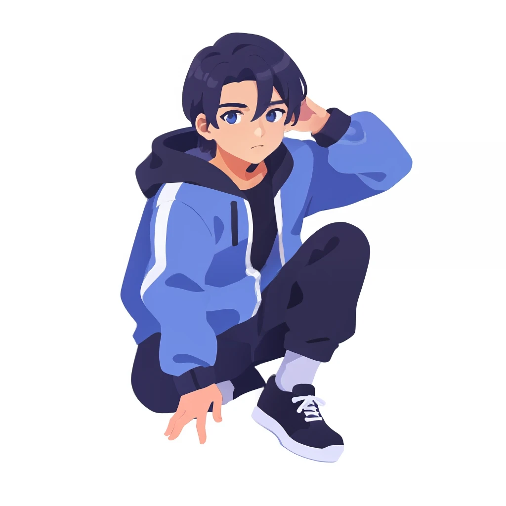coloredic0n icon, ik1, 1boy,windbreaker na parte superior preto e na parte inferior azul , olhos azius, cabelo mediano castanho, black pant, e tenis branco, osso dos desenhos animados,