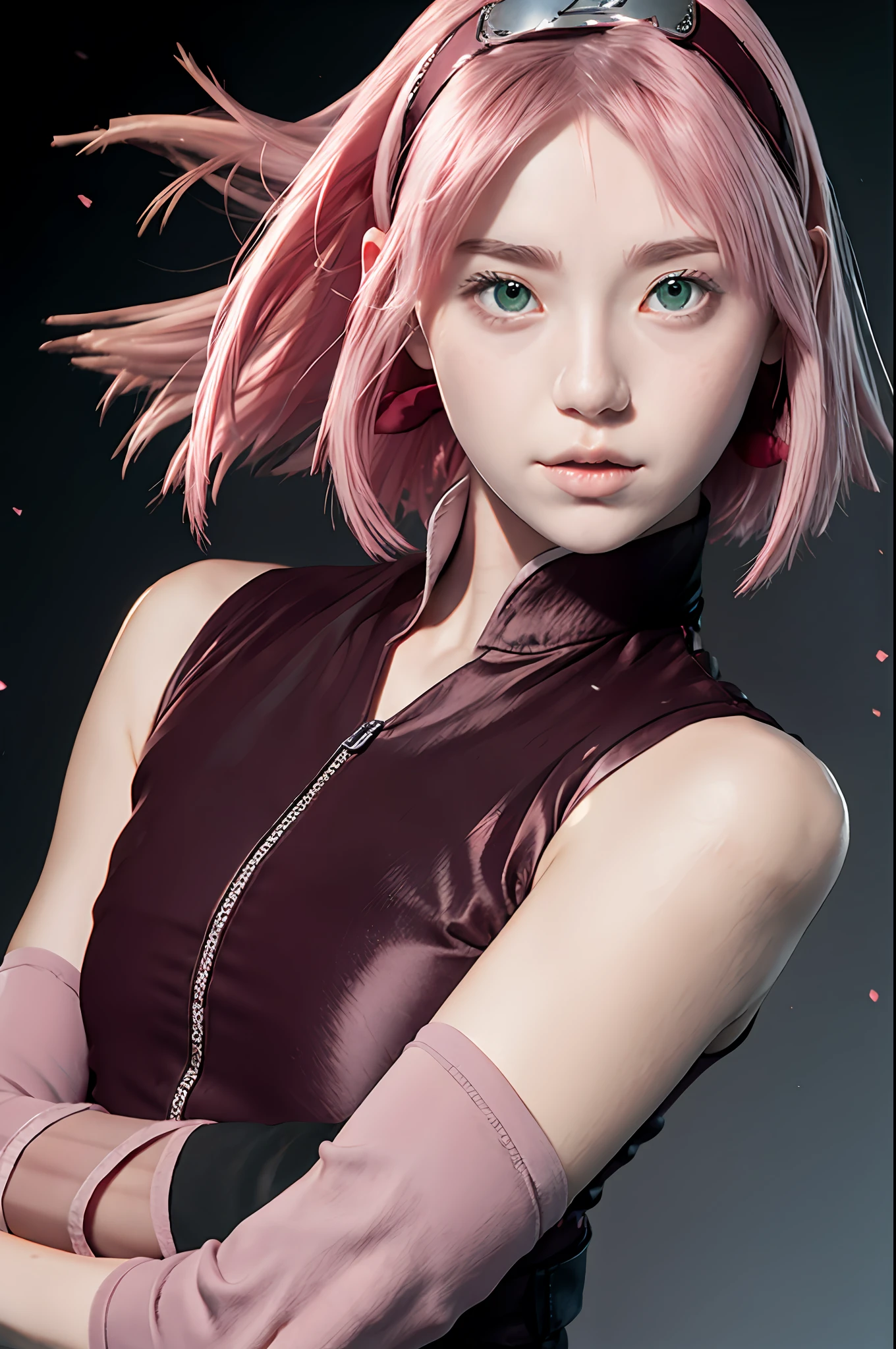 haruno sakura, naruto \(series\), naruto shippuuden, 1girl, accurate konohagakure symbol, bangs, breasts, closed mouth, elbow sleeve, eyes visible through hair, floating hair, forehead protector, foreshortening, green eyes, hair intakes, hairband, looking at viewer, parted bangs, pink hair, red shirt, shirt, short hair, sleeveless, sleeveless shirt, small breasts, solo, upper body, v-shaped eyebrows, ((masterpiece))