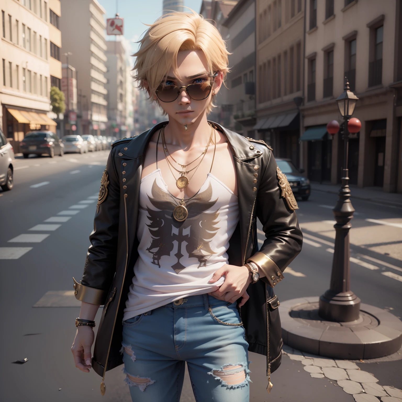 24
(((chibi3d))),a very cute and beautiful male boy solo/ a blond,Ash color,Soft Regent,Dragon embroidered skajans,Doweled damaged jeans,Gold Necklace,Sunglasses with round lenses,intersection,traffic jam