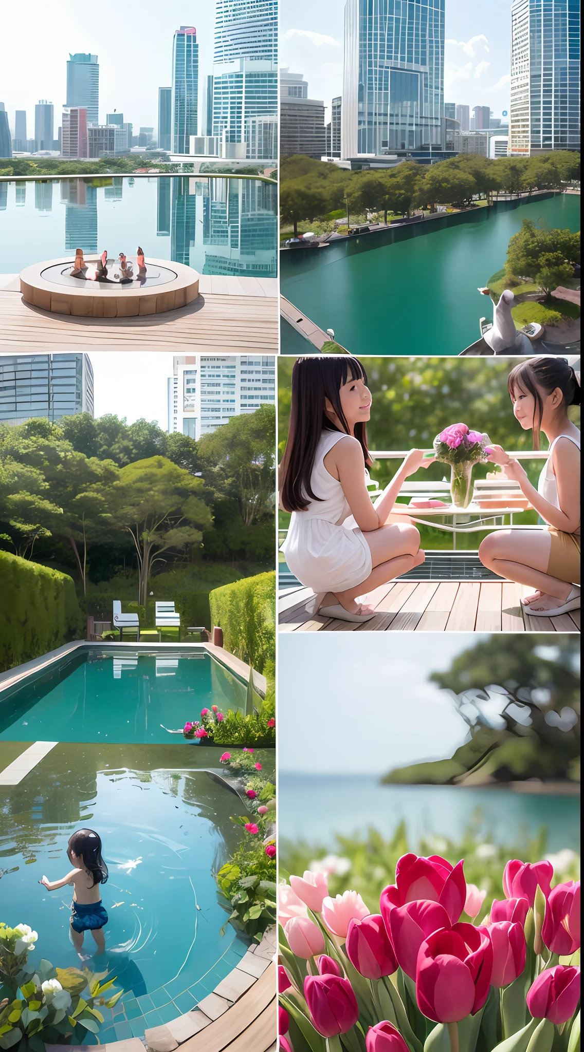 180-storey infinity pool,The tallest building in the city's forest,Sports Center,Bonsai around,Luo Han Song,coconut palms,coconut crab,tulips,Rose flower,Tease the alpacas to play,There were five little girls wearing openwork translucent stockings,Pouting and smiling,is shy,Pout,Pink, gold, White, Blue, Five colors, Two-tailed hair and cyan eyes,Anime little girl in servant costume