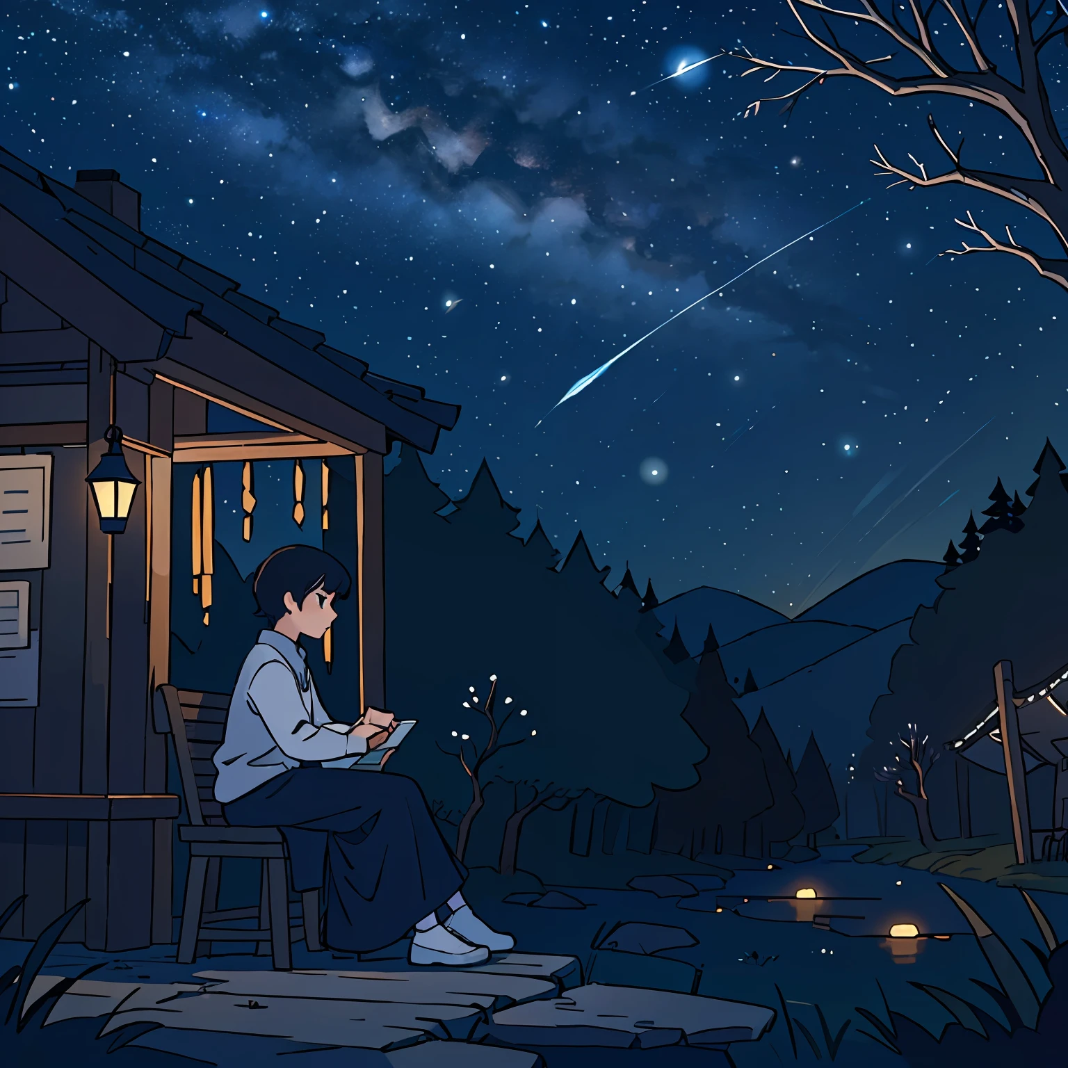 "A solitary figure gazing at the starry night sky while sitting beneath the shelter of a captivating, moonlit tree."