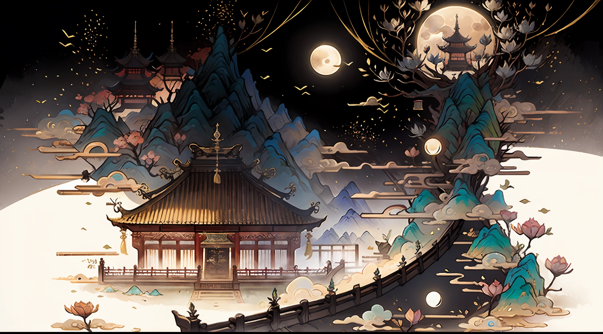 An ancient Chinese painting,Mid-Autumn Festival,themoon,Moon rabbit, ancient chinese background, mountain ranges, rios, Auspicious clouds, Pavilions, rays of sunshine, tmasterpiece, super detailing, Epic composition, hyper HD, high qulity, extremely detaile, offcial art, 统一 8k 壁纸, super detailing, gufeng,32k -- v 6